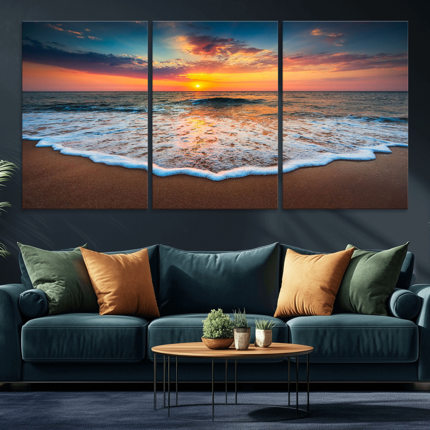 -Sunset Beach Canvas Wall Art – Colorful Ocean Waves Triptych – Coastal Decor for Living Room or