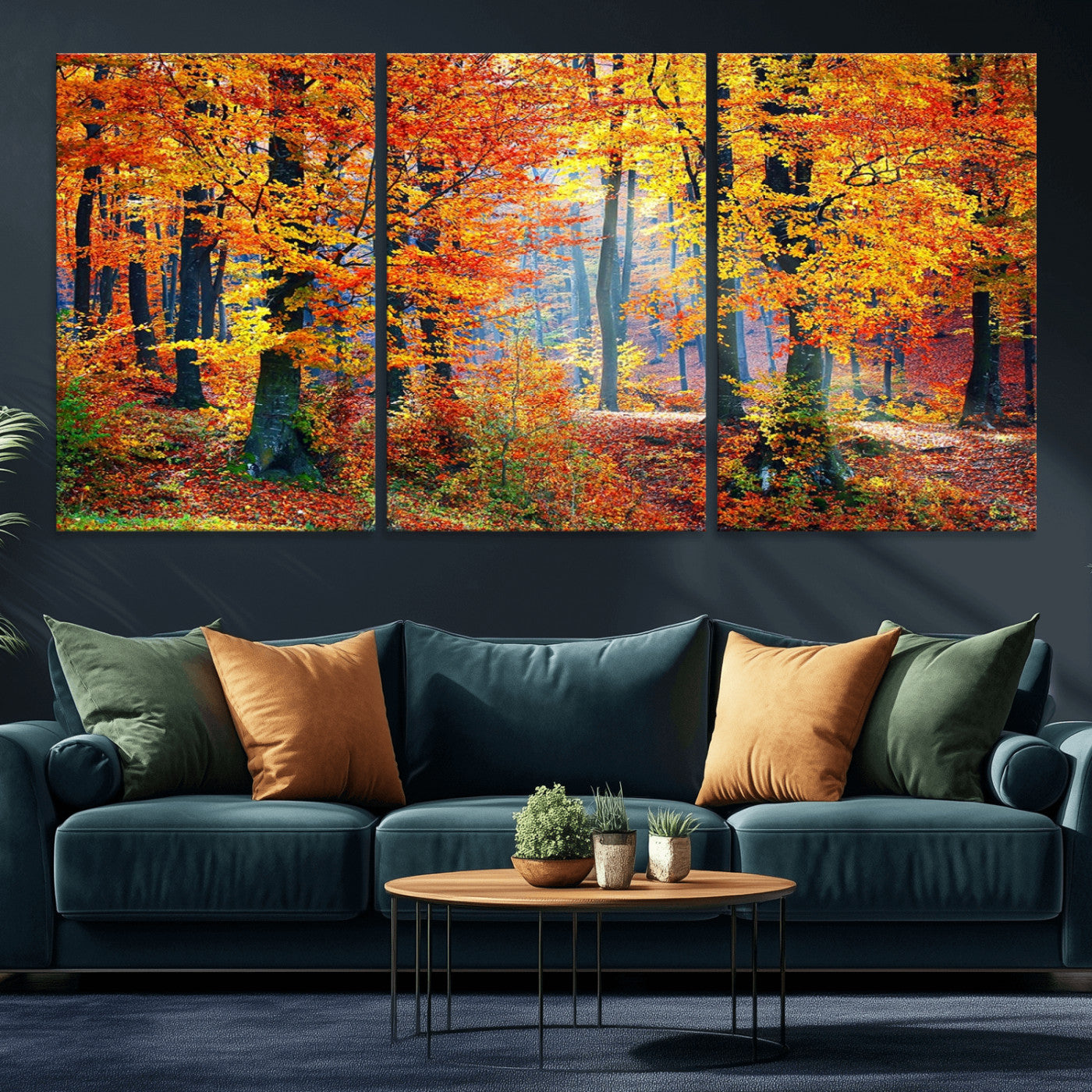 91746-MGV-CV-36X24-Autumn Red Forest Triptych Canvas Wall Art Print, Forest Wall Decor, Fall Landscape Art | Season