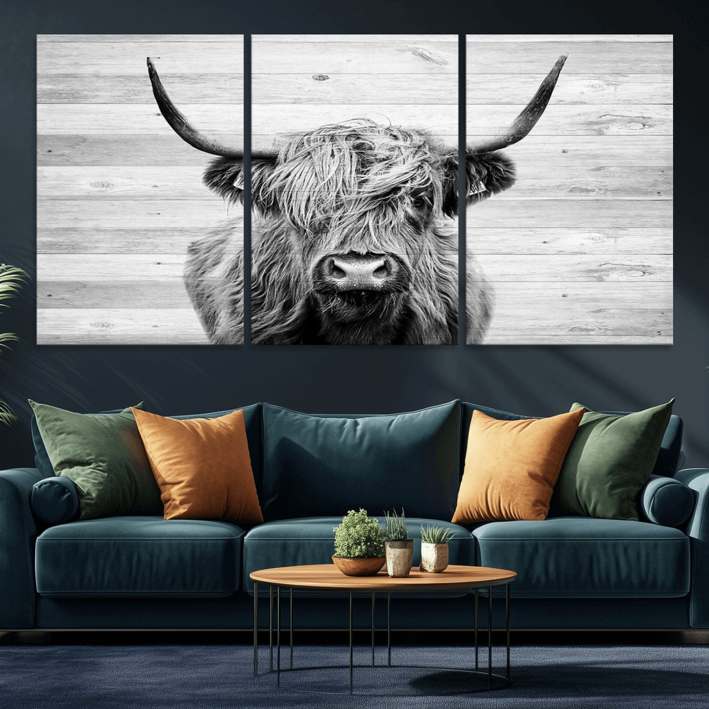 -Scottish Highland Cow Cattle Art Print on Wood Background Style, Scottish Highland Cow Wall Art
