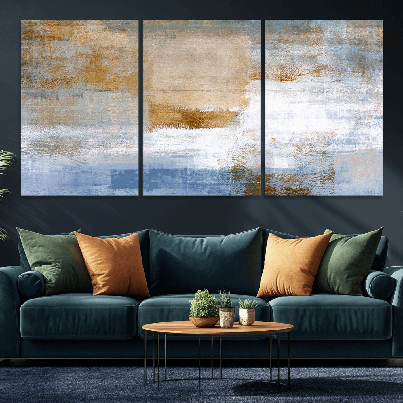 72354-MGV-CV-36X24-Blue Multi Panel Abstract Wall Art Canvas, Abstract Blue and Gold Canvas Print