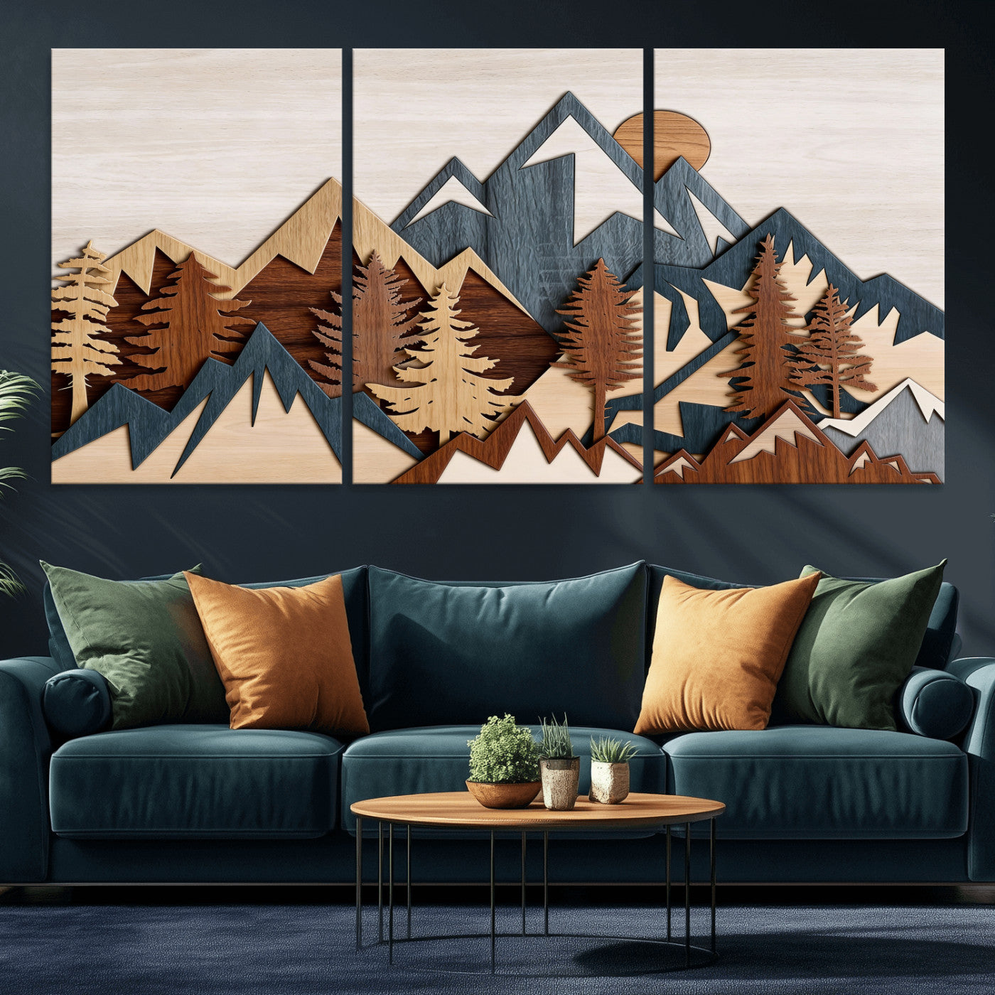 67950-MGV-CV-36X24 - Rustic Abstract Wood Panel Effect Canvas Mountain Range Top Wood Wall Art Canvas Print