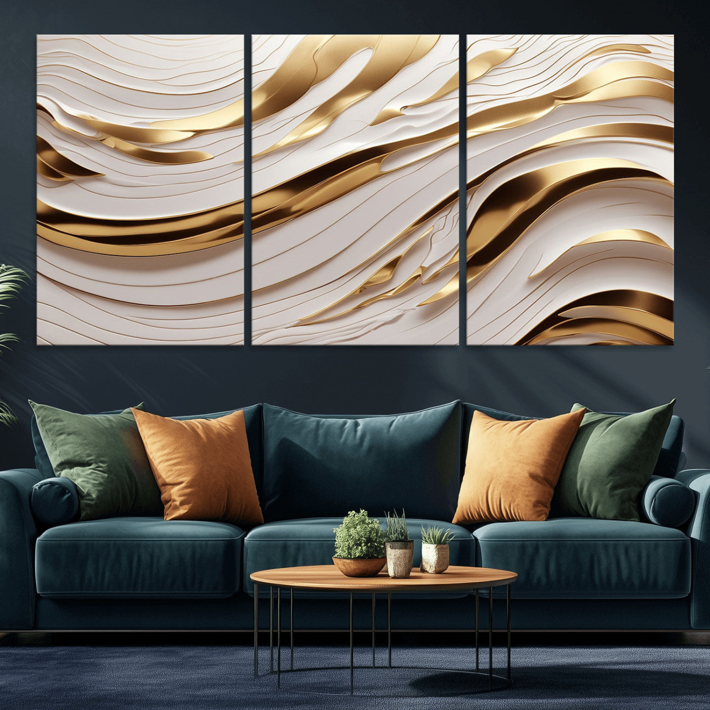 81197-MGV-CV-36X24-Gold and White Abstract Wave Canvas – Elegant Flowing Design with Luxurious Golden Accents –