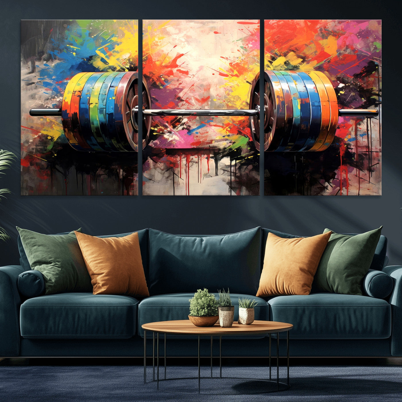 80436-MGV-CV-36X24-Weightlifting Barbell Art Triptych, Bold Abstract Fitness Wall Decor for Gym or Home, Giclee Canvas