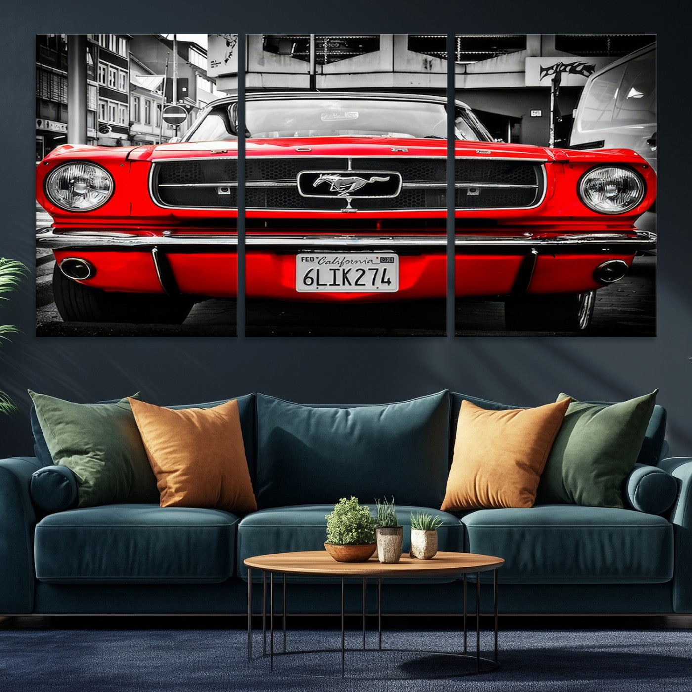 20365-MGV-CV-48X32-3P-Red Mustang Car Wall Art – Framed Classic Vehicle Canvas Artwork, Black White Urban Design, Decor for Home, Office
