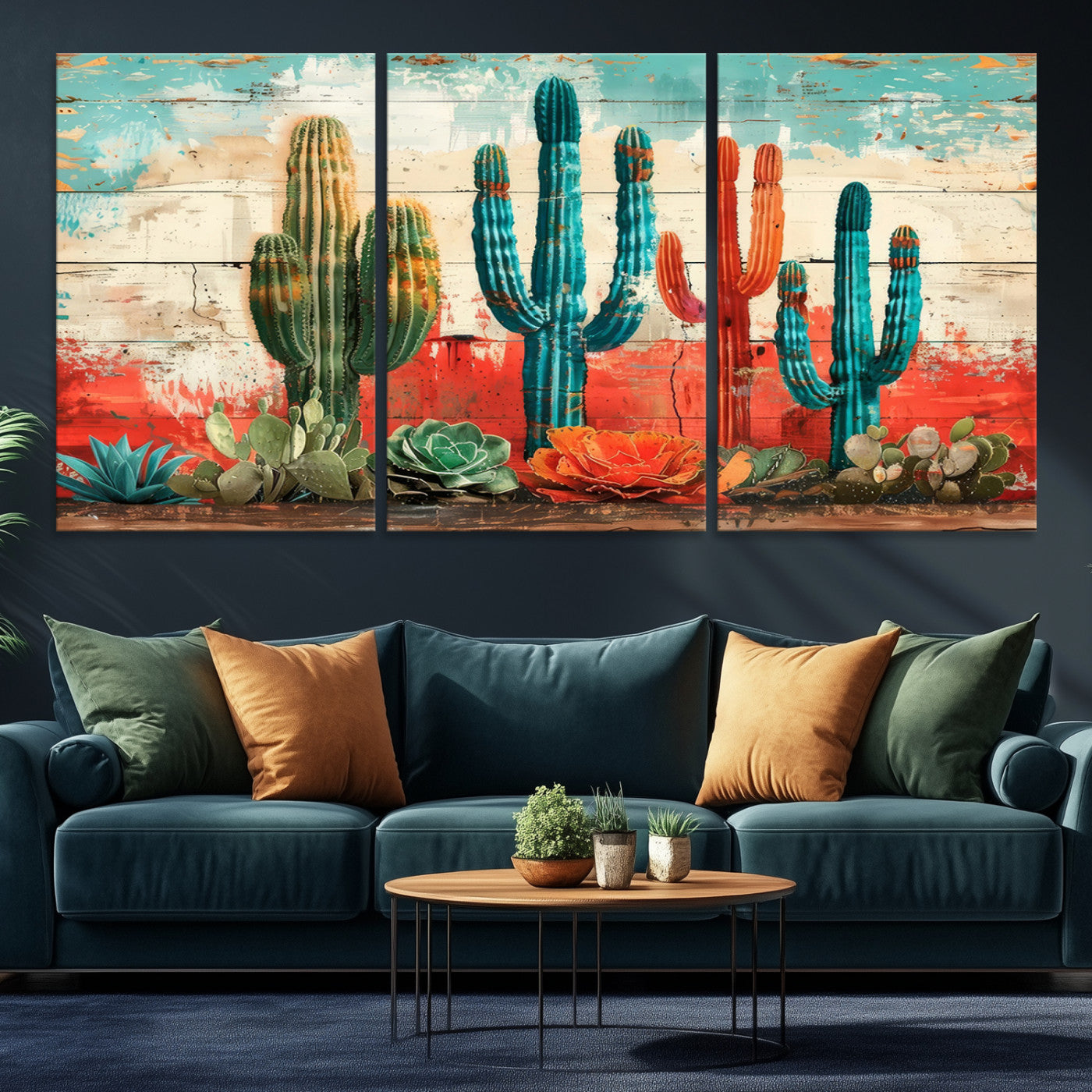 A vivid southwestern-style artwork featuring an eclectic mix of cacti and succulents painted against a textured, rustic wood backdrop in rich turquoise, red, and orange hues.