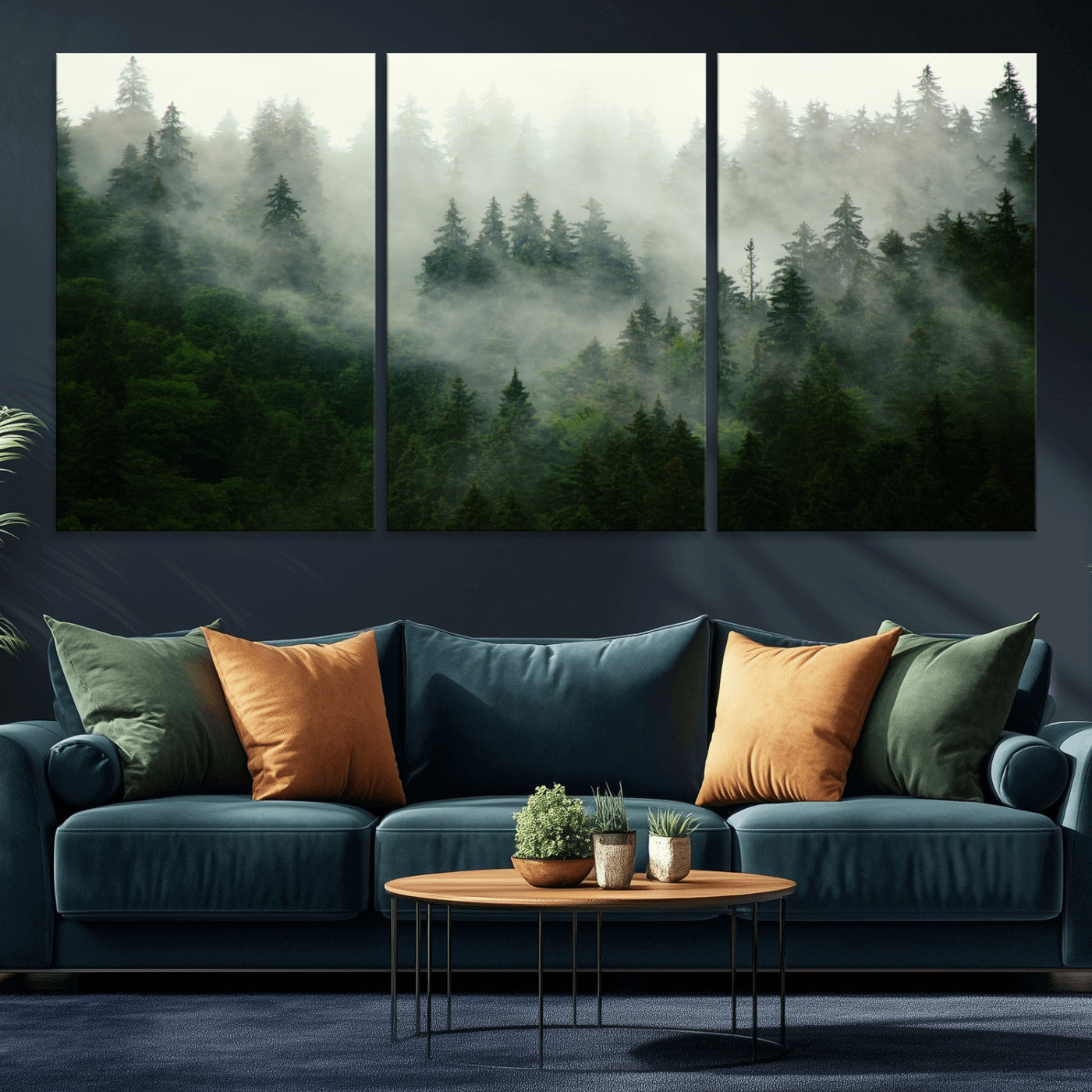 167720496-MGV-CV-36X24 - Misty Forest Mountain Wall Art Canvas | Large 3-Panel Foggy Landscape Canvas Print | Nature Misty