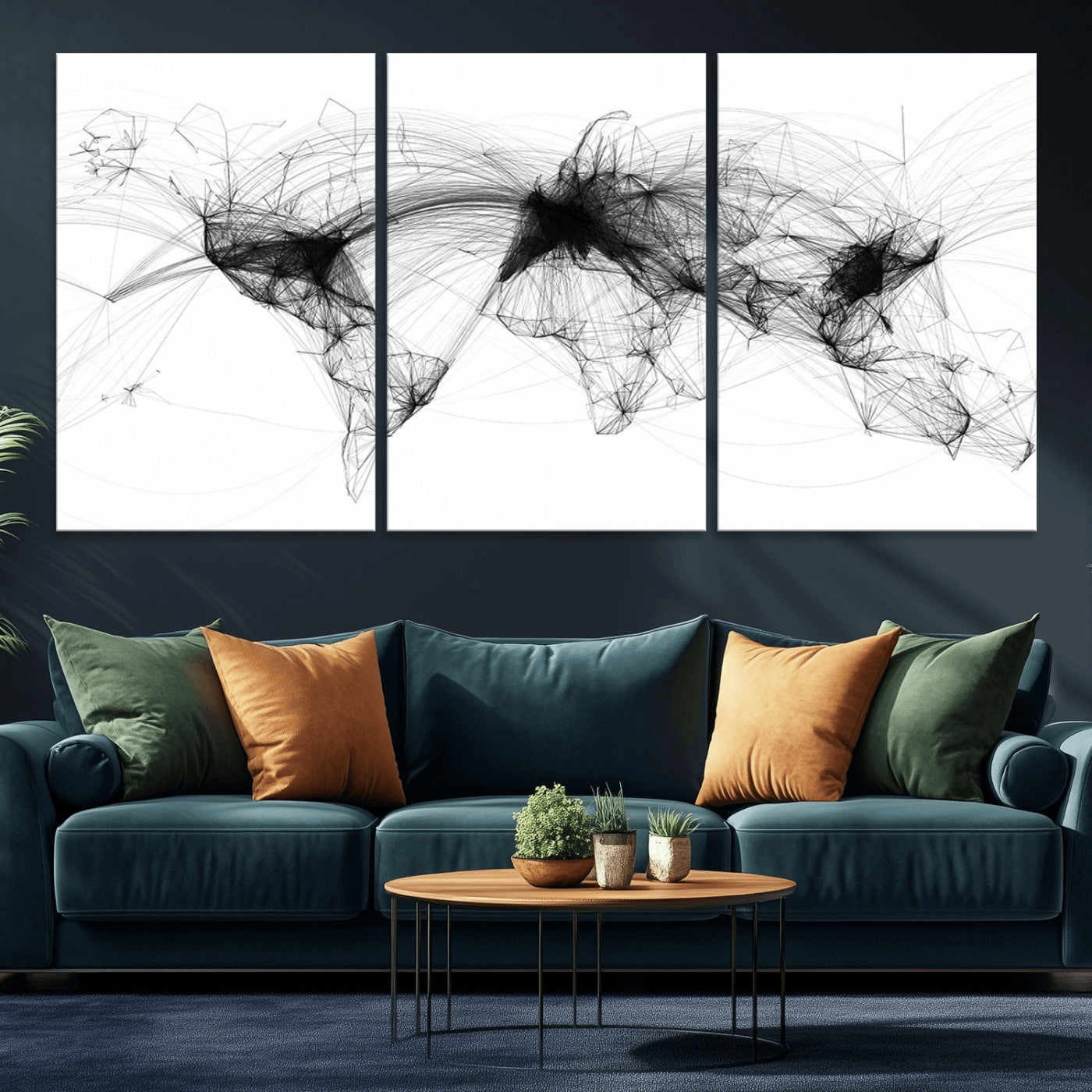 50136-MGV-CV-36X24-Abstract World Map Wall Art – Framed Geometric Line Canvas Artwork, Modern Global Design, Contemporary Decor for Home, Office