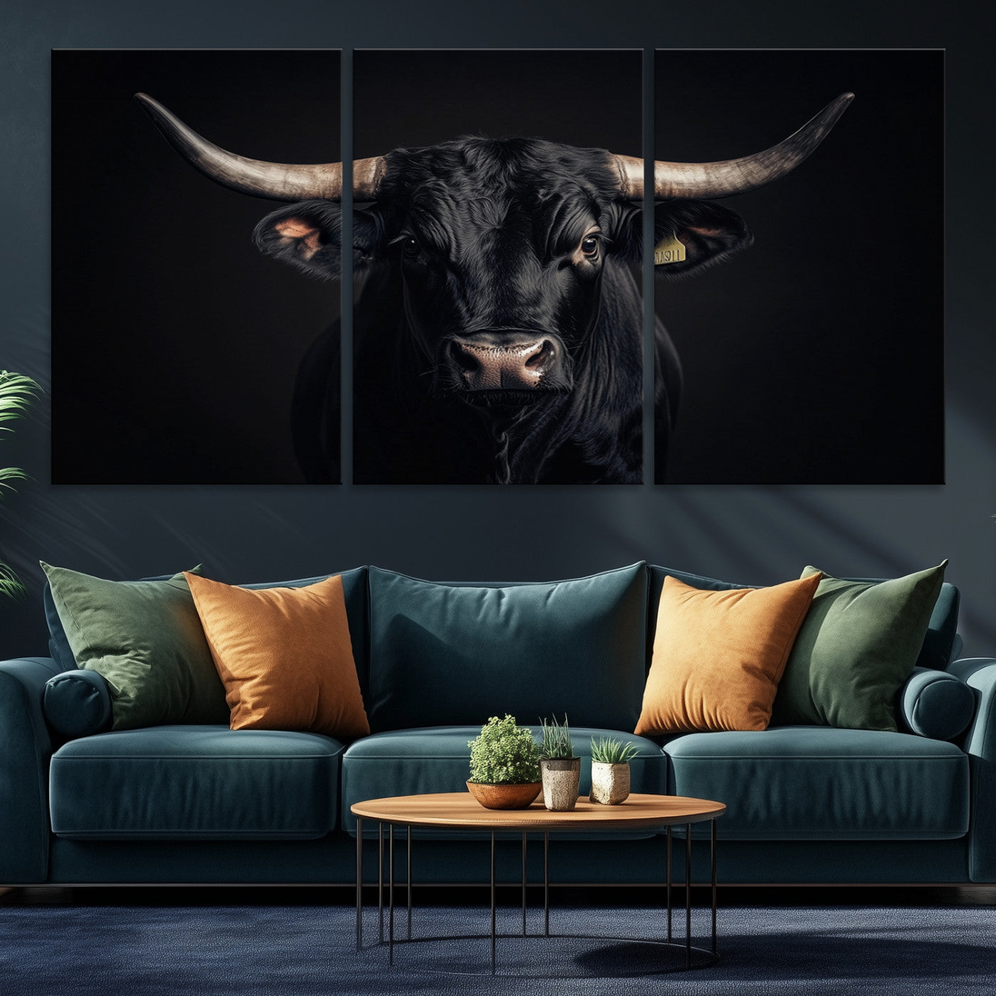 Canvas featuring a black horned bull in moody lighting on a dark background, perfect for western or rustic farmhouse-style home decor.