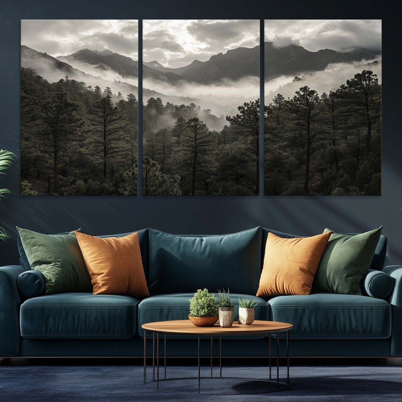 Canvas of moody pine forest and foggy mountain peaks under overcast skies, ideal for calm and rustic woodland-themed home decor.