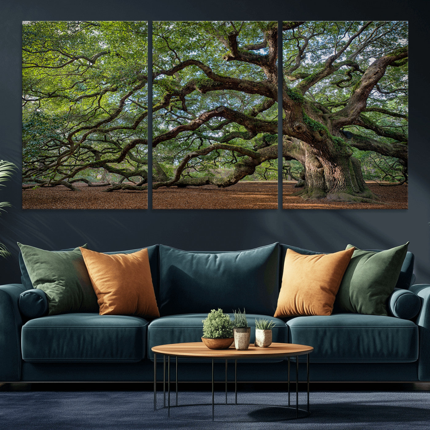 MGV-CV-60X30-3P - Ancient Oak Tree Wall Art – Canvas Print of Expansive Branches Lush Green Canopy, Tranquil Landscape, Majestic Nature Decor for Home or Office