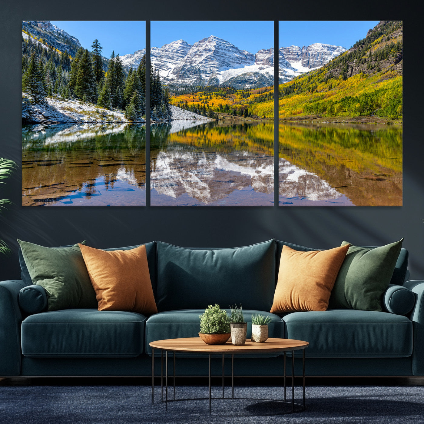 87724099-MGV-CV-48X32-3P-Maroon Bells Wall Art – Framed Snowy Mountain Canvas Artwork, Pine Forest Design, Tranquil Nature Decor for Home, Office