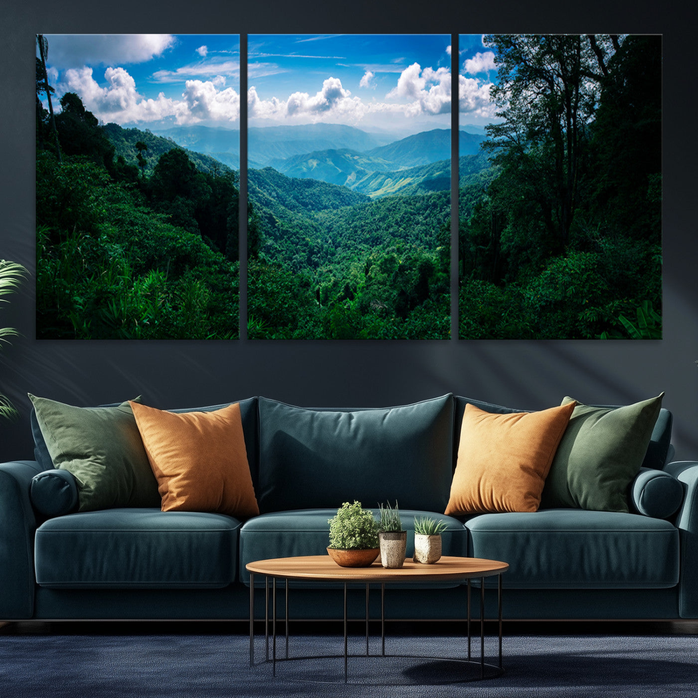 Canvas of a misty tropical jungle with vibrant greenery and layered blue mountains, ideal for exotic nature-themed wall décor.