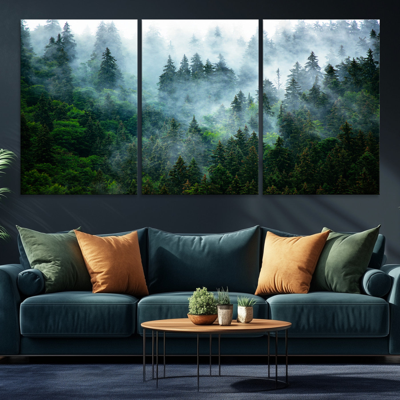 17393683-MGV-CV-48X32-3P-Misty Forest Wall Art Canvas Print – Framed Foggy Mountain Landscape Artwork, Serene Scenic Decor for Home, Office