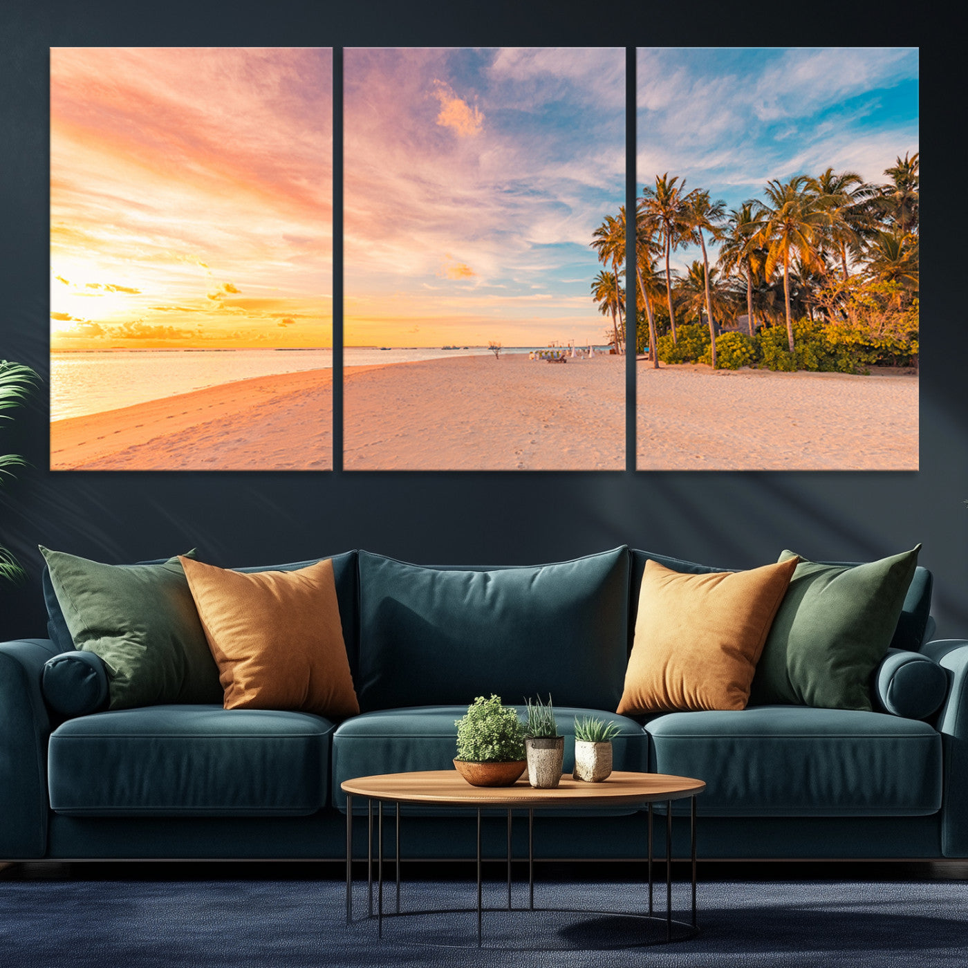 41542880-MGV-CV-48X32-3P-Tropical Beach Wall Art Canvas Print – Framed Palm Trees Sunset Shoreline Coastal Ocean View Decor for Home, Office