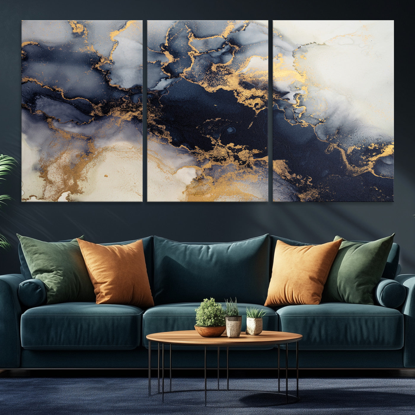 41136487-MGV-CV-48X32-3P-Black Marble Wall Art Canvas Print – Framed Abstract Gold Veins Elegant Luxury Design Decor for Home, Office