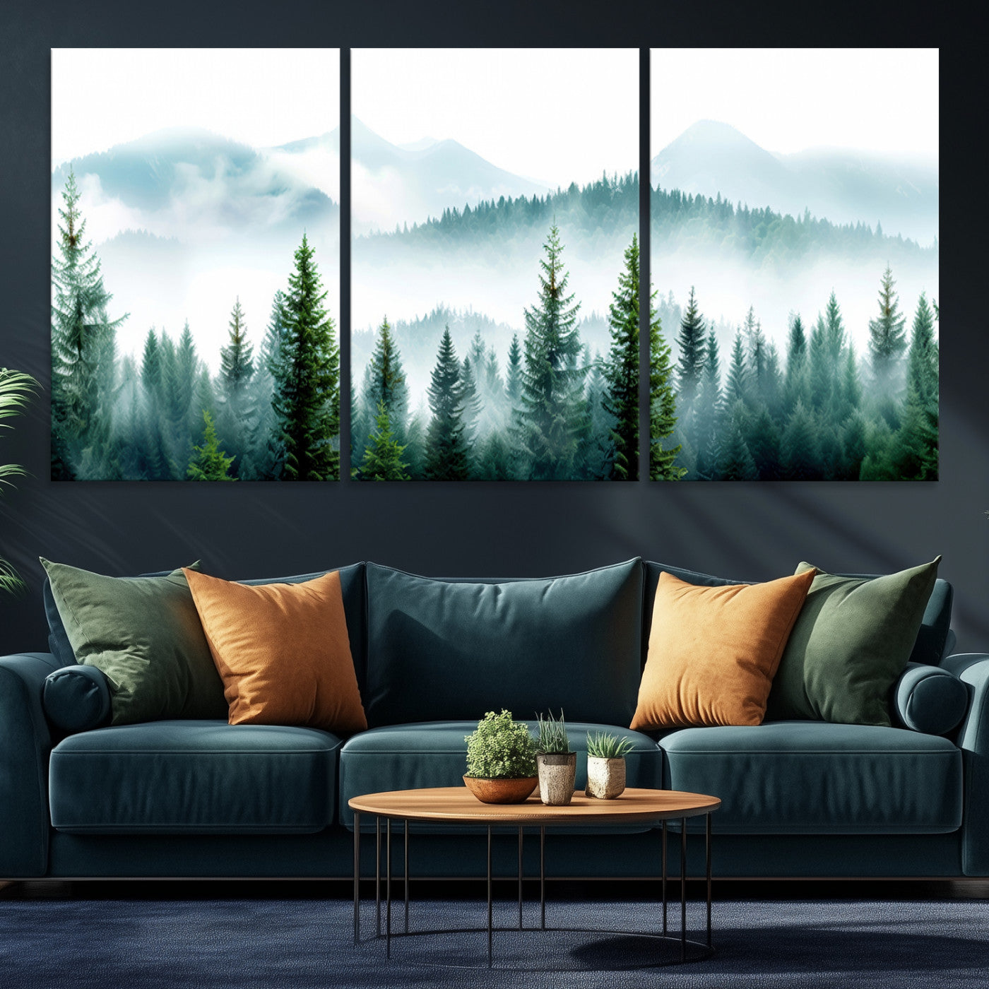 16716676-MGV-CV-36X24-Pine Forest Wall Art Canvas Print – Misty Mountains Foggy Trees Serene Woodland Landscape Artwork for Home Office