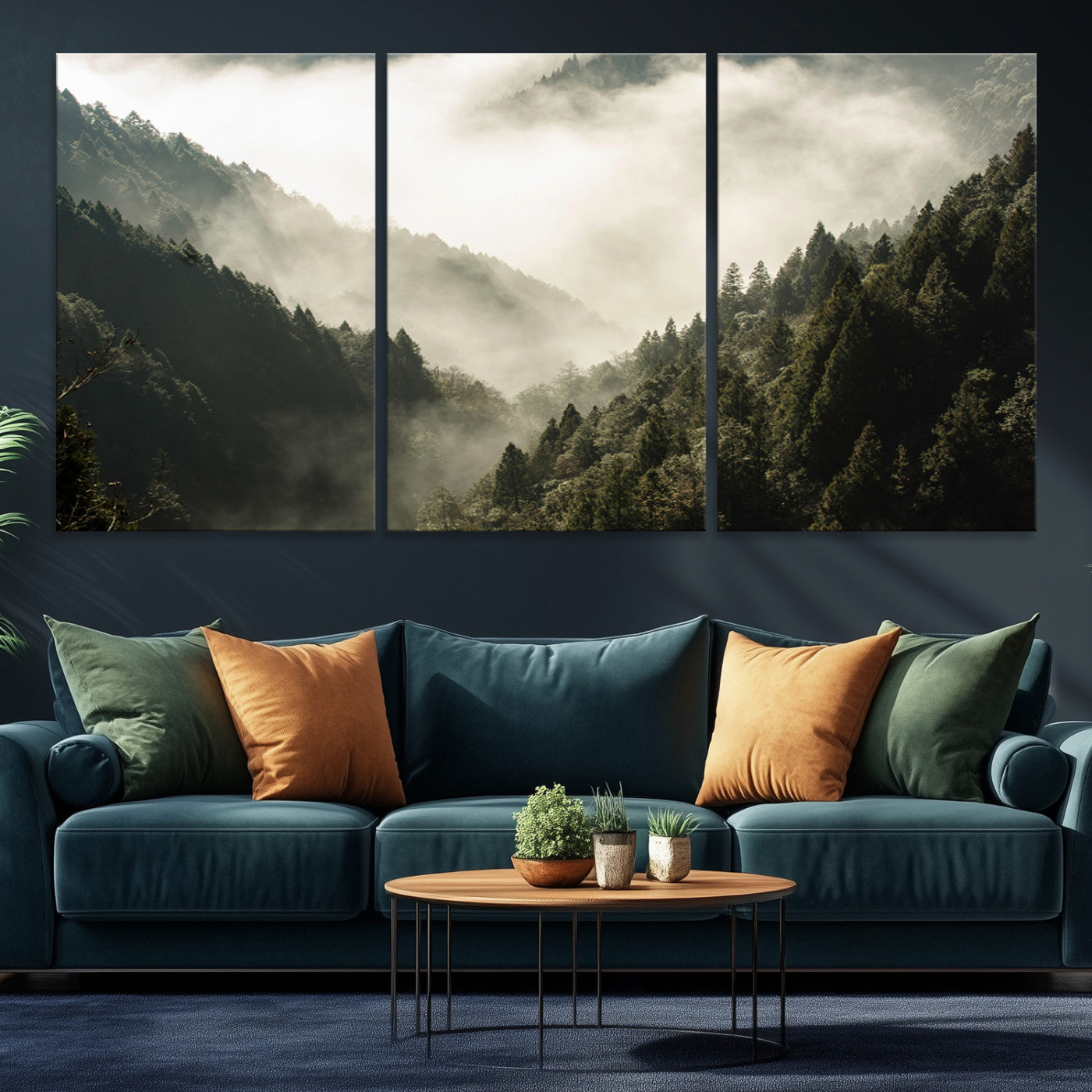 Canvas showing a misty pine forest valley with layered green hills and soft fog, perfect for moody or nature-themed decor styles.