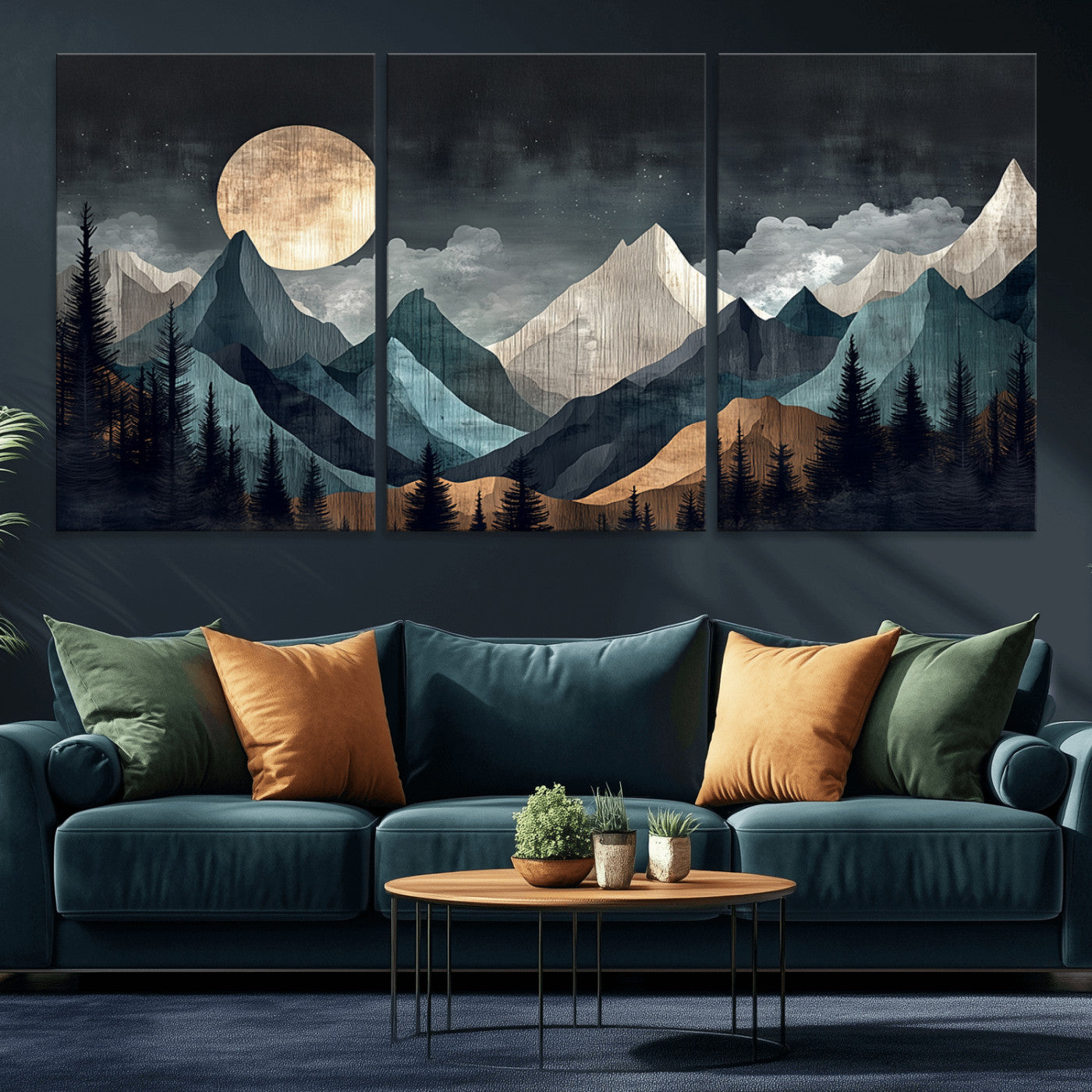 11060882-MGV-CV-36X24-Moonlit Mountain Wall Art Canvas Print – Silhouetted Pines Layered Peaks Tranquil Sky Mist Silver Light Nature Artwork for Home