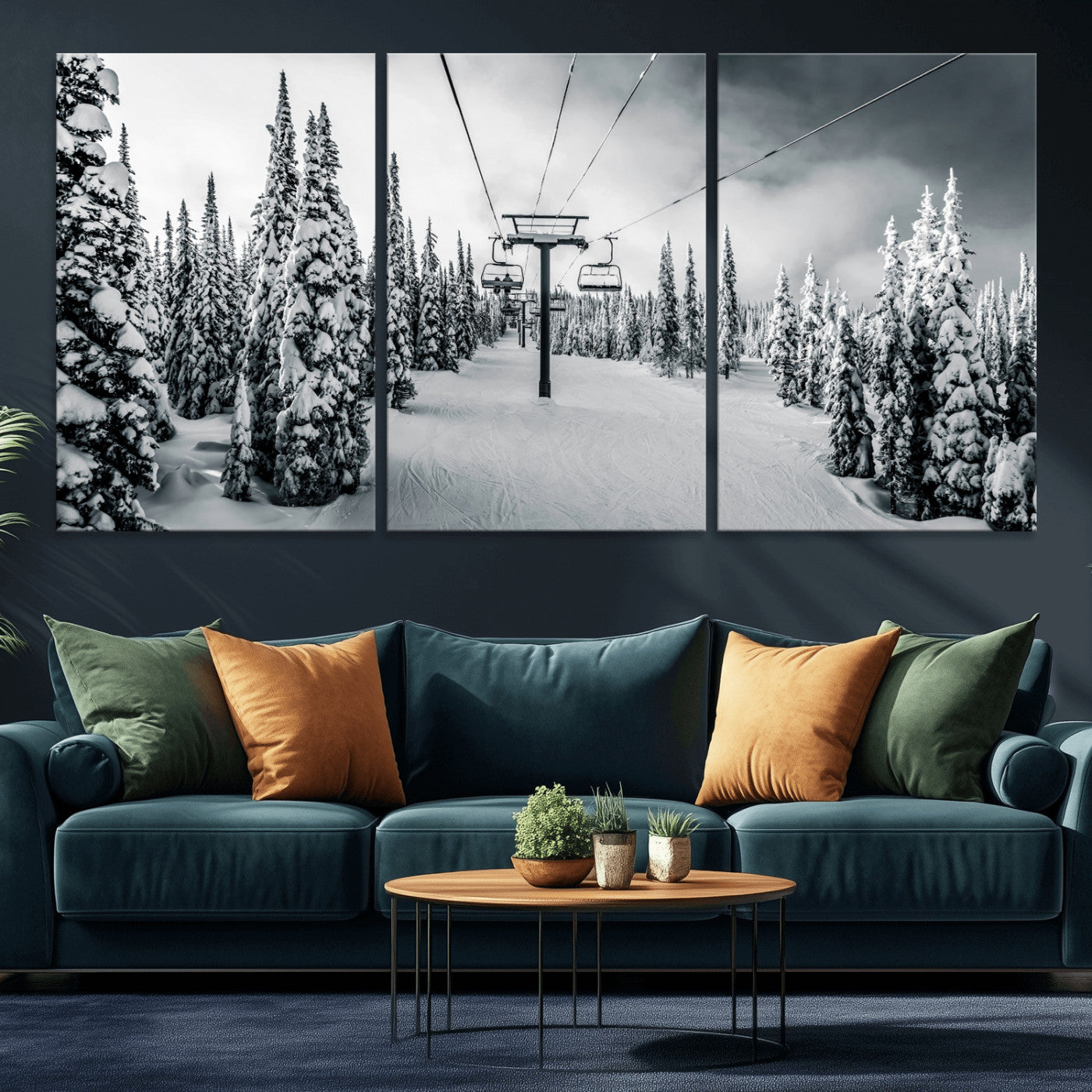 31156828-MGV-CV-36X24-Snowy Pines Wall Art Canvas Print – Framed Ski Lift Winter Forest Snowy Landscape Moody Lodge Artwork for Home, Office