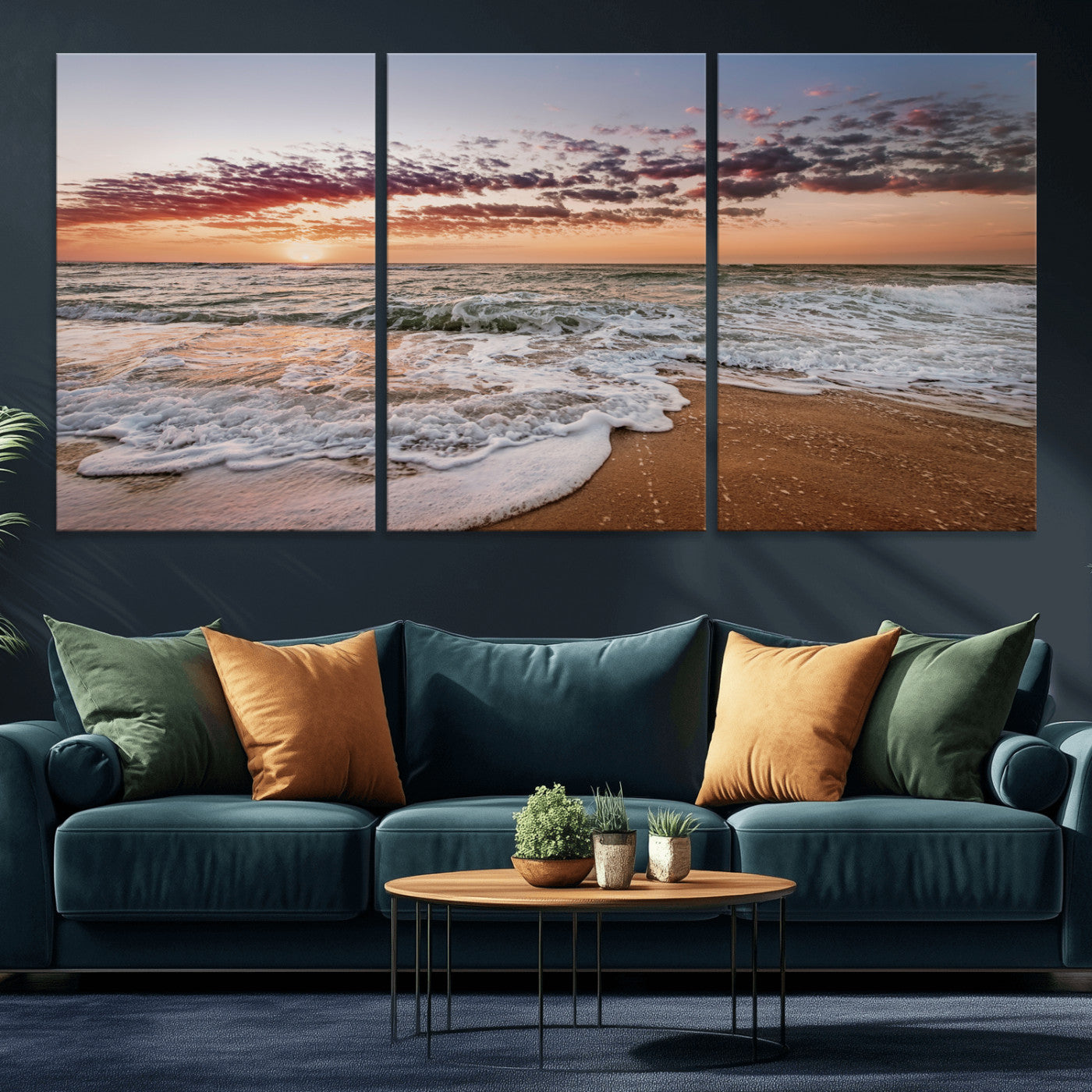 39846389-MGV-CV-36X24-Ocean Sunset Wall Art Canvas Print – Framed Sandy Shore Gentle Waves Coastal Landscape Minimalist Artwork for Home, Office