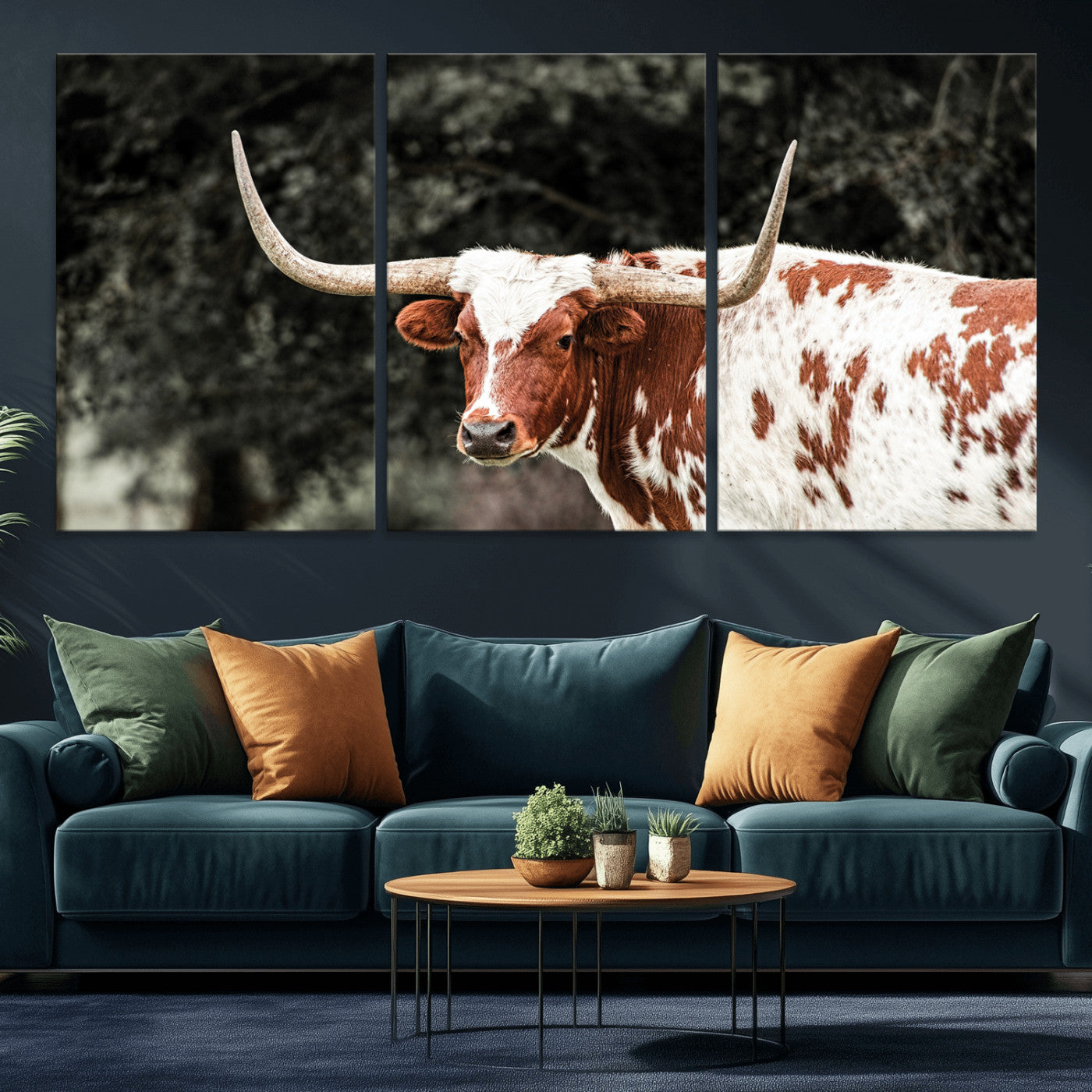 -Texas Longhorn Wall Art Canvas Print, Framed Spotted Cow Art Picture Print, Horned Bull Perfect Rustic Western Decor Artwork