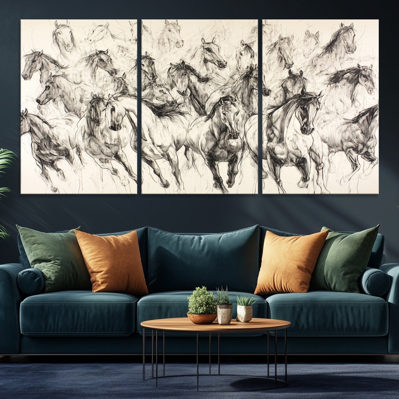 19433417-MGV-CV-36X24-Running Horses Wall Art Canvas Print – Framed Galloping Herd Dynamic Equestrian Sketch Nature Artwork for Home Office