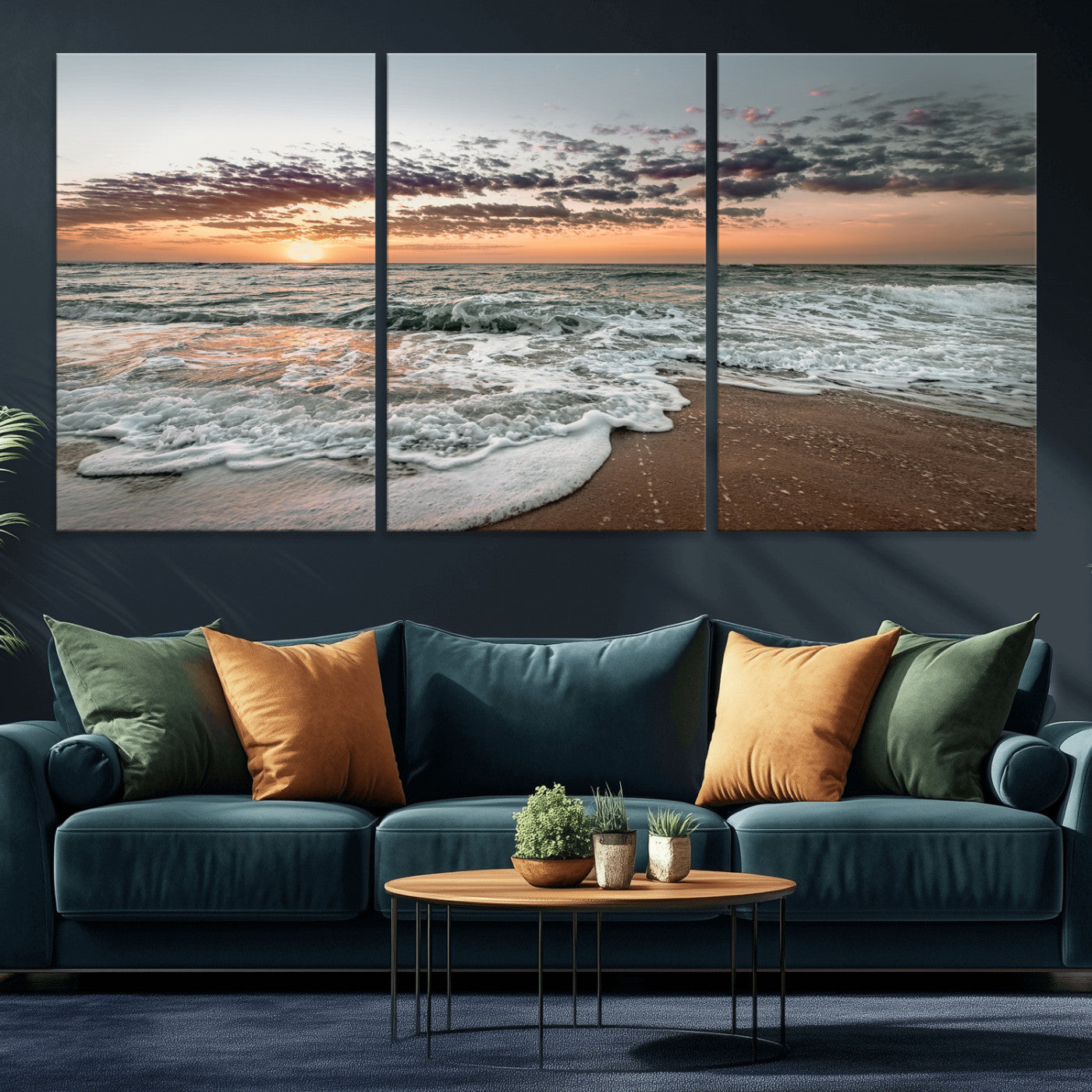 40632752-MGV-CV-36X24-Ocean Sunset Wall Art Canvas Print – Framed Beach Waves Scene with Coastal Artwork for Home, Office, Living Room