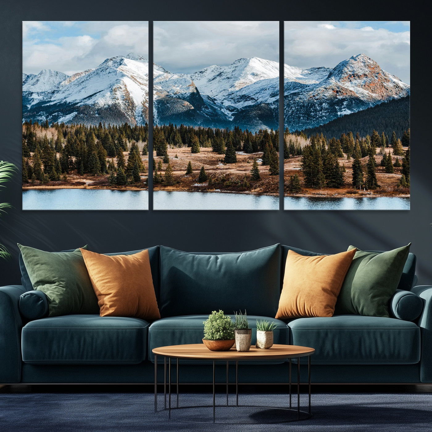 -Snowy Peaks Wall Art Canvas Print, Framed Alpine Lake Art Picture Print, Pine Forest Perfect Alpine