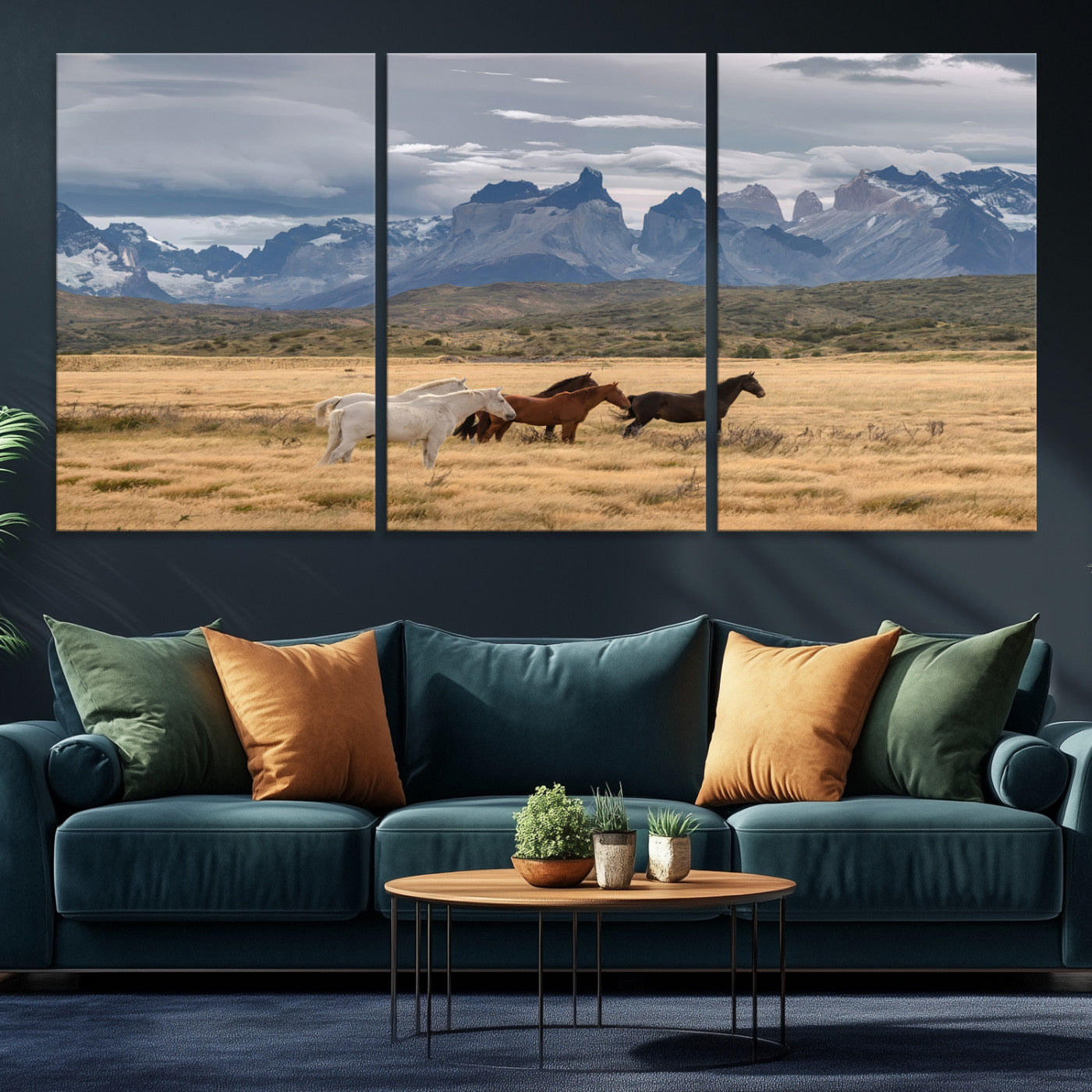 69960232-MGV-CV-36X24-Horses Grazing Wall Art Canvas Print – Framed Mountain Field Scenic Landscape Cloudy Sky Nature Artwork for Home Office