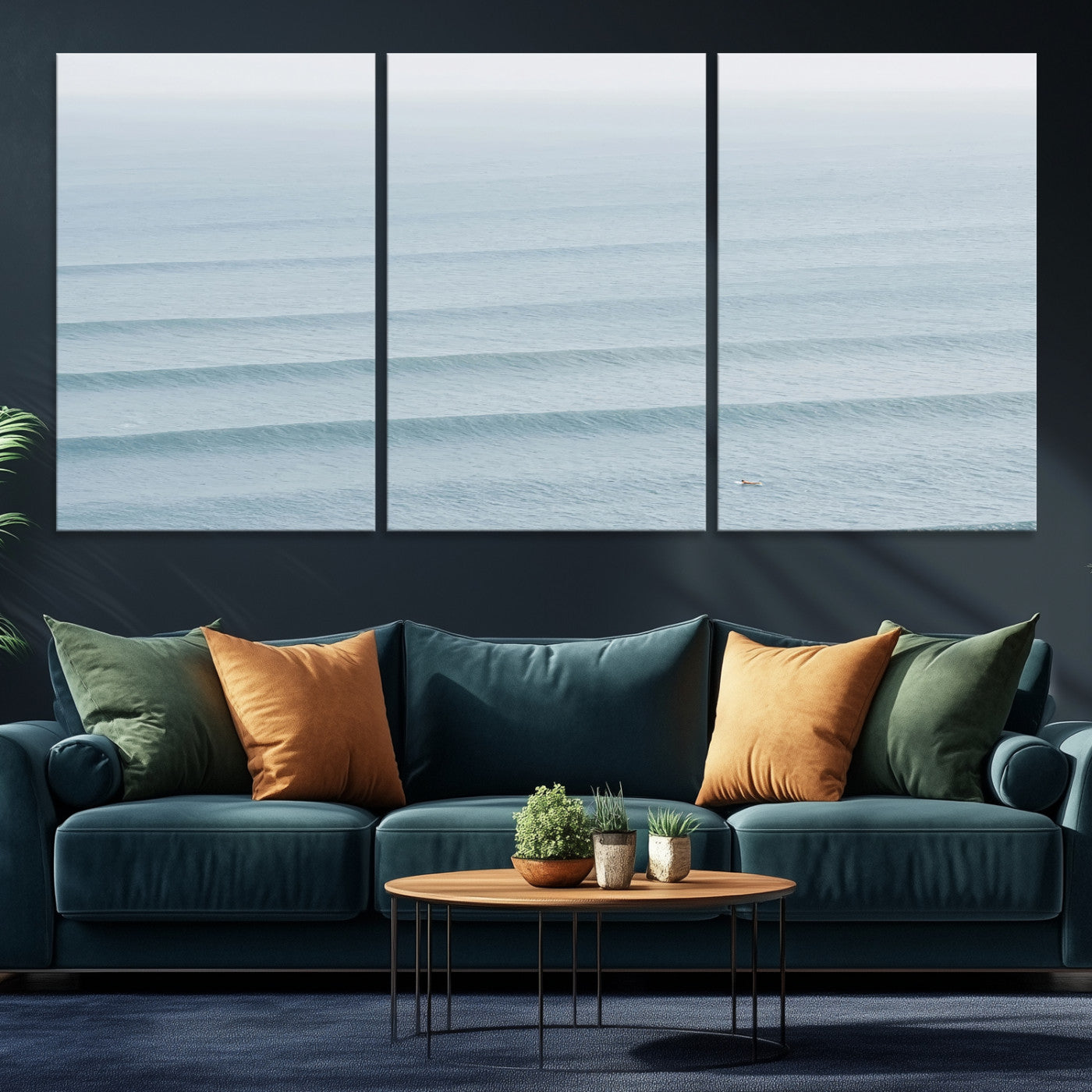 -Ocean Waves Wall Art Canvas Print, Framed Solo Surfer Art Picture Print, Wave Lines Perfect