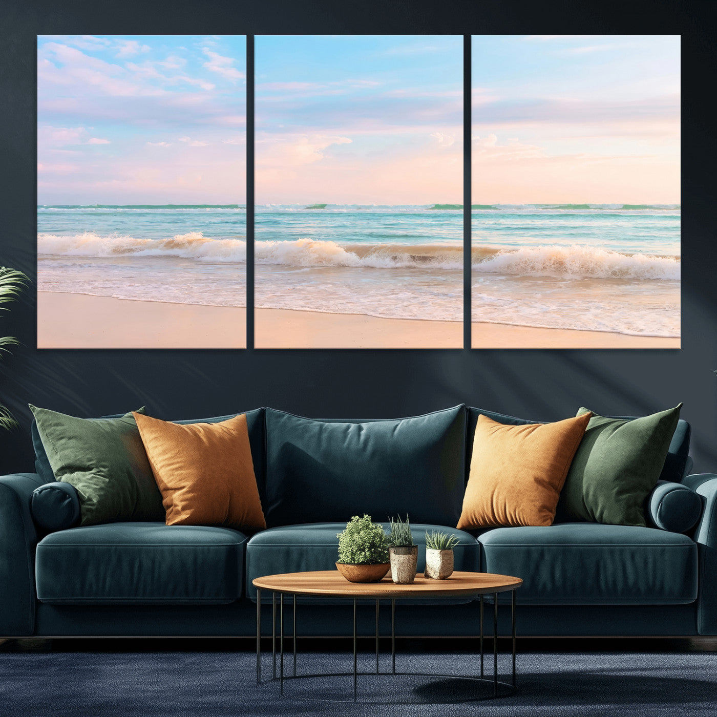 74679437-MGV-CV-36X24 - Serene Waves Wall Art – Golden Shore & Soft Pastel Sky Canvas Print, Gentle Ocean and Peaceful Sunset for Living Room or Office