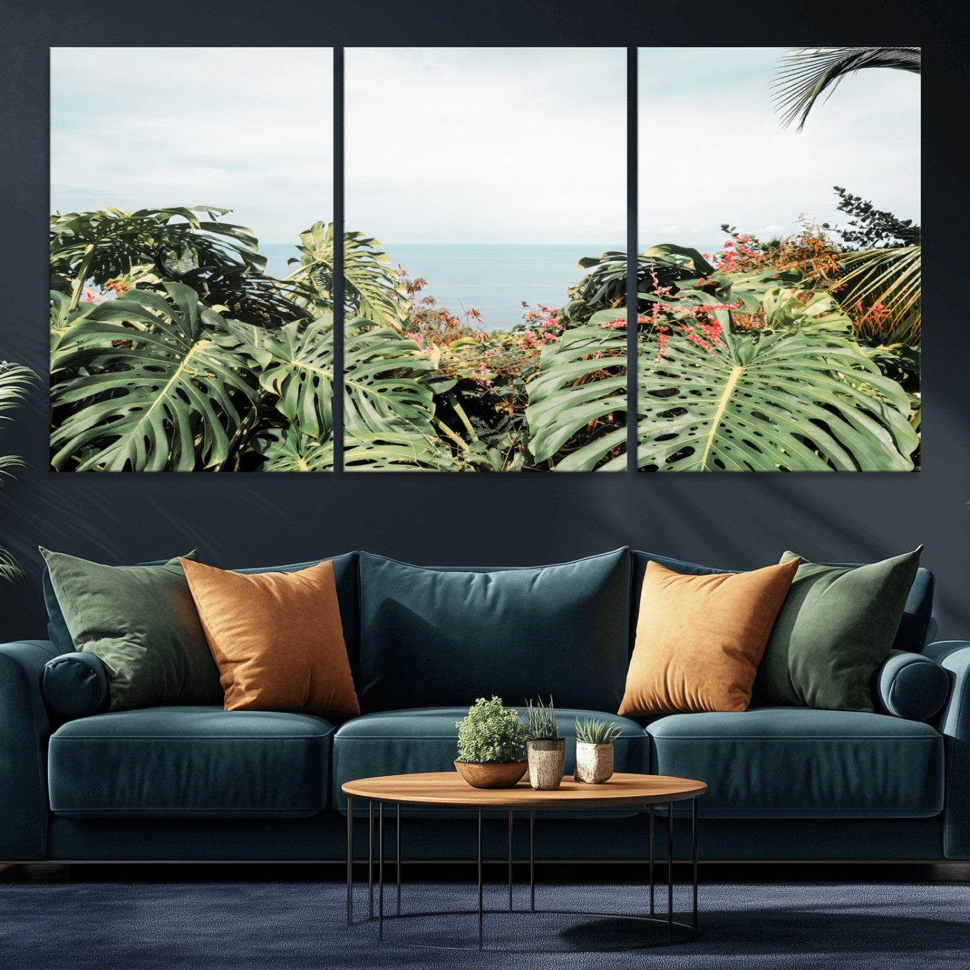 45700479-MGV-CV-36X24 - Tropical Greenery Wall Art – Exotic Leaves & Ocean View Canvas Print, Sunlit Paradise and Vibrant Nature for Living Room or Coastal Decor