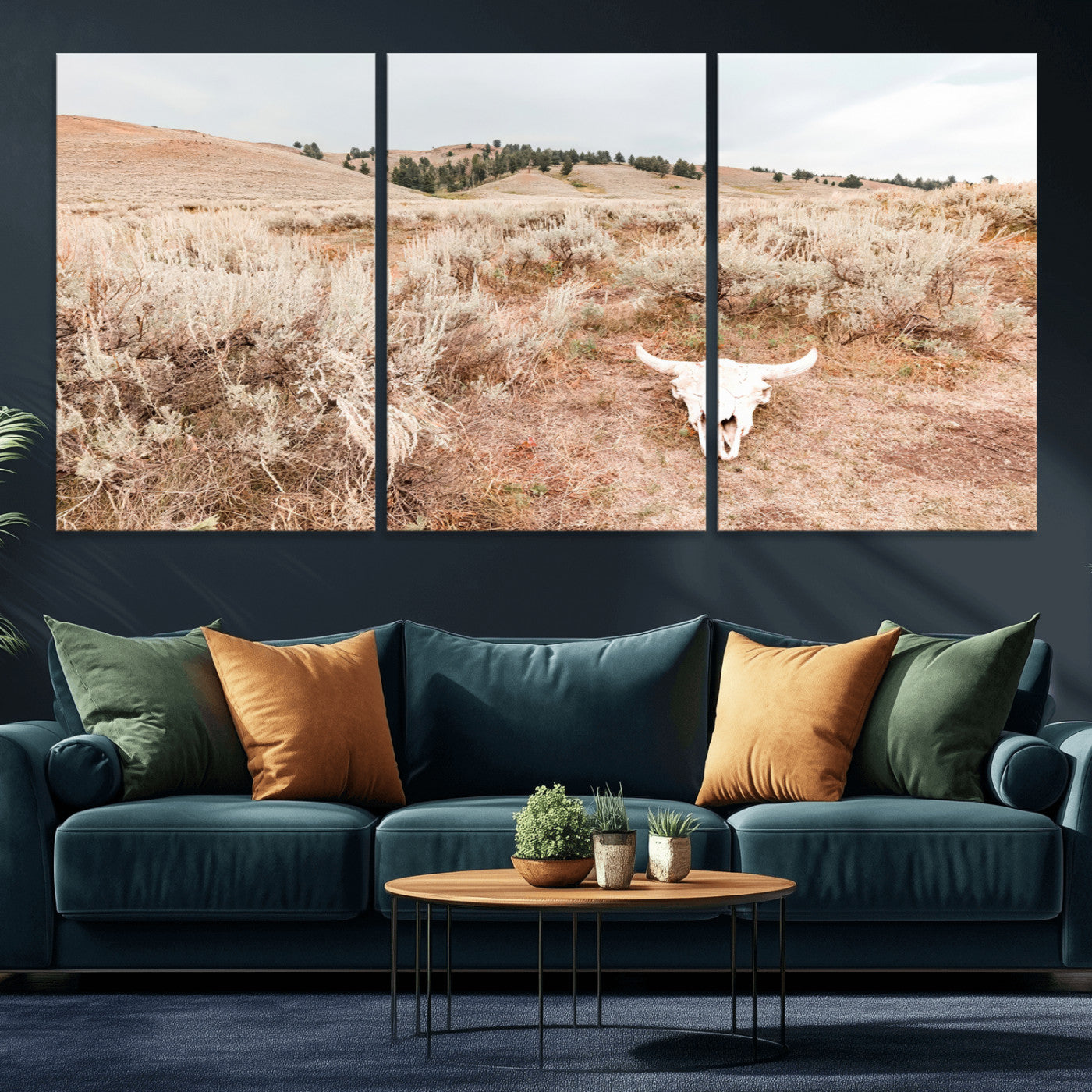 97234735-MGV-CV-36X24 - Desert Skull Wall Art – Arid Landscape & Sagebrush Canvas Print, Rustic Nature and Earth Tones for Living Room or Minimalist Decor
