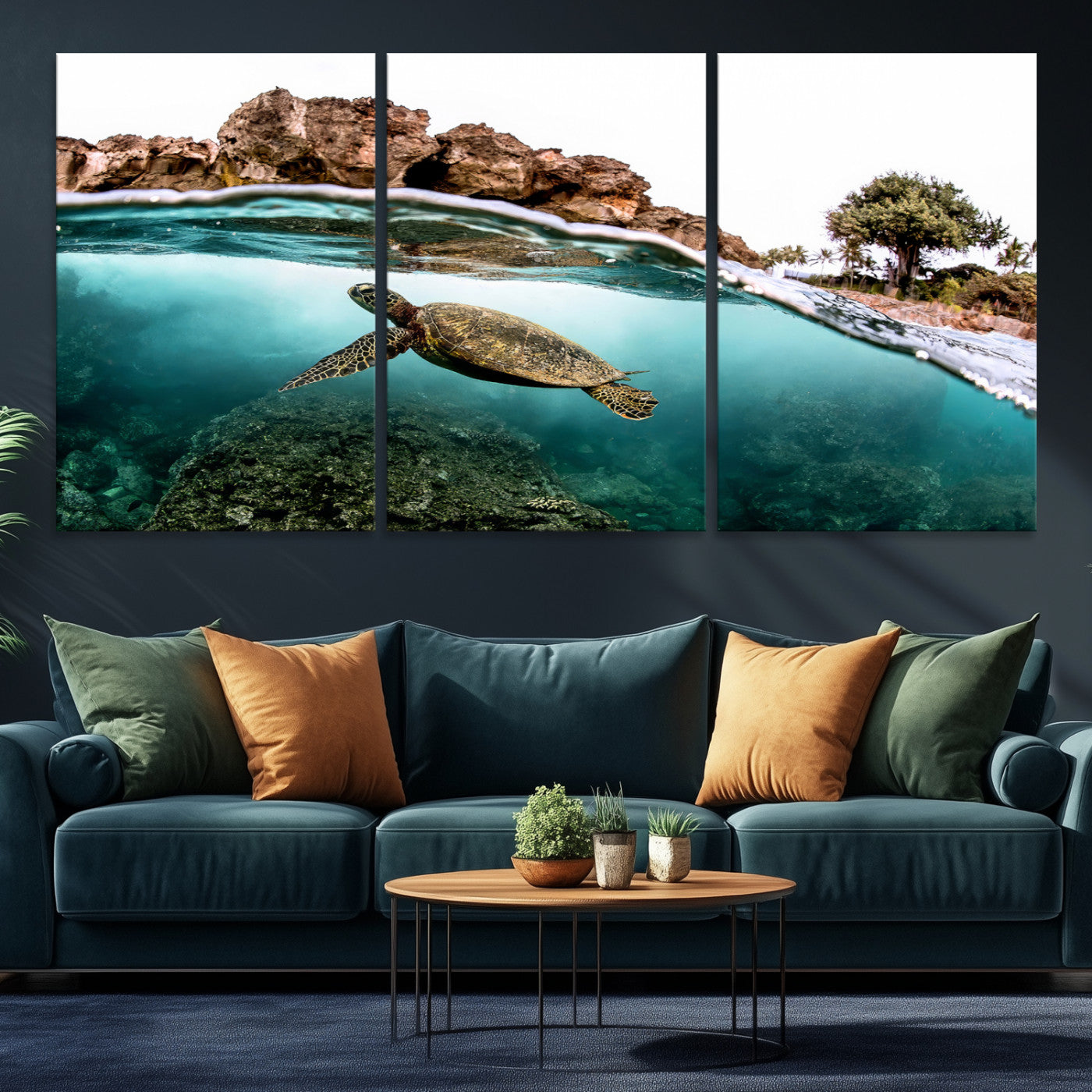 -Sea Turtle Wall Art Canvas Print, Framed Ocean Life Art Picture Print, Tropical Perfect Coastal