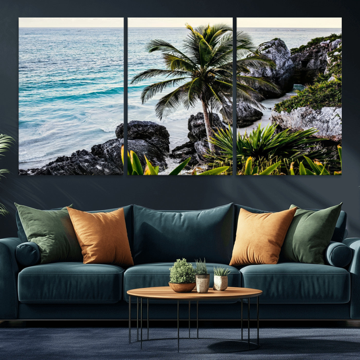 94669907-MGV-CV-36X24 - Tropical Palm Wall Art – Coastal Rocks Canvas Print, Ocean Breeze, Sandy Shore, Vibrant Green Foliage for Living Room or Beach House Decor