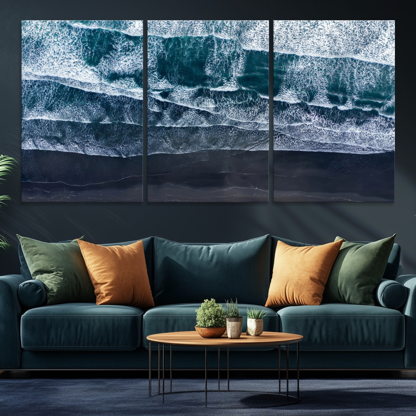 87941475-MGV-CV-36X24-Black Beach Wall Art Canvas Print – Framed Aerial Ocean View Moody Coastal Seascape Nature Artwork for Home Office