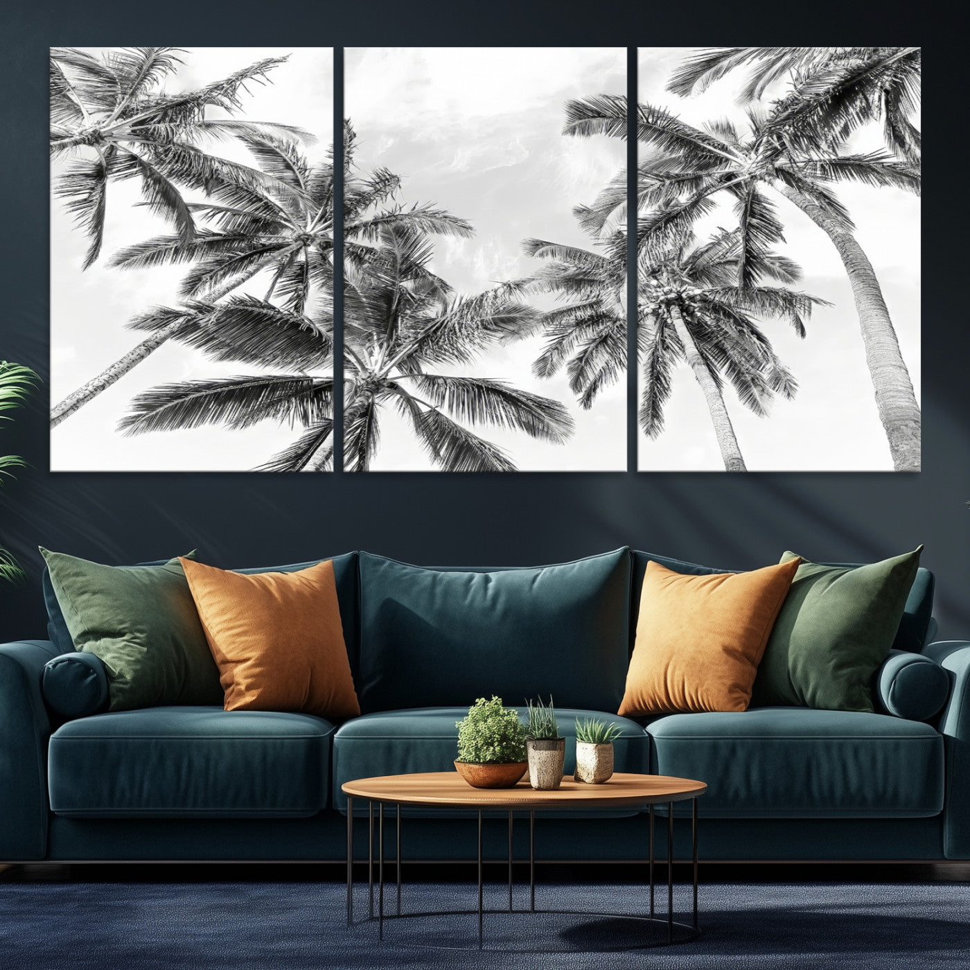 62113786-MGV-CV-36X24-Black and White Palm Wall Art Canvas Print – Framed Monochrome Tropical Beach Scene Artwork for Modern Home, Office Decor