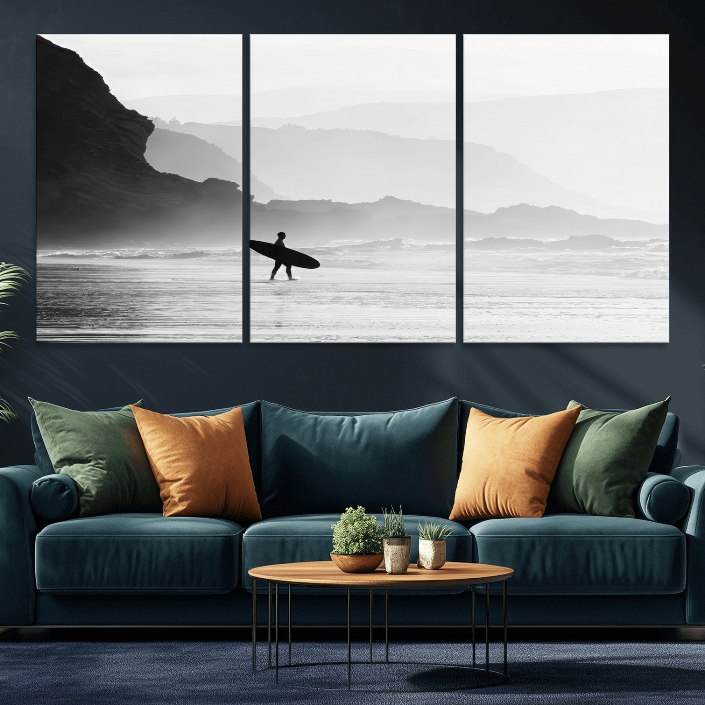 MGV-CV-60X30-3P - Surfer In Fog Wall Art Canvas Print, Framed Moody Shoreline Art Picture Print, Cliffside Waves Perfect Minimalist Coastal Decor Artwork