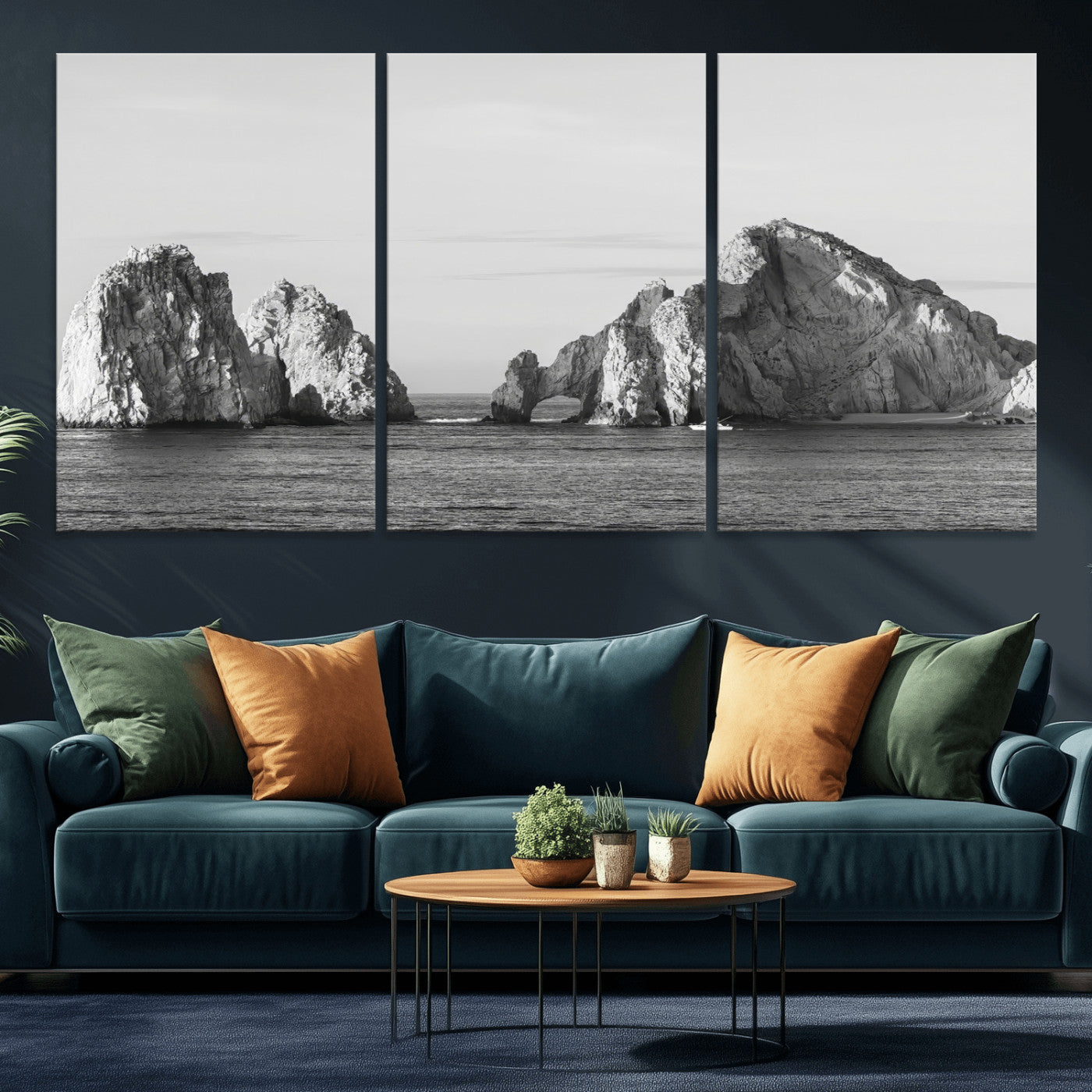 MGV-CV-60X30-3P - Rugged Coastline Wall Art Canvas Print, Framed Ocean Cliffs Art Picture Print, Monochrome Seascape Perfect Coastal Minimalist Decor Artwork