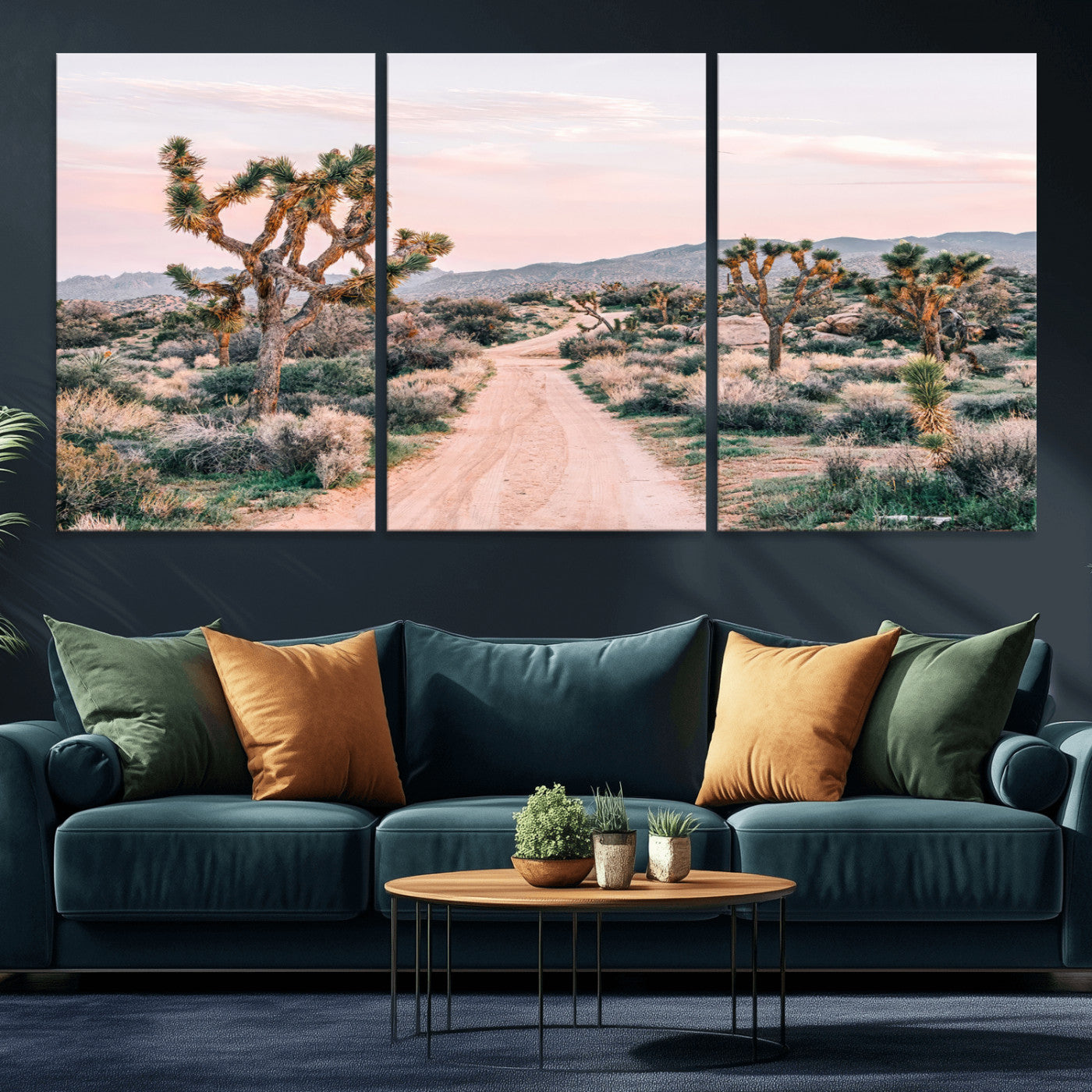 MGV-CV-60X30-3P - Desert Trail Wall Art – Canvas Print of Joshua Trees & Sunset Glow, Sandy Path Wilderness, Scenic Nature Escape Decor for Living Room, Office or Bedroom