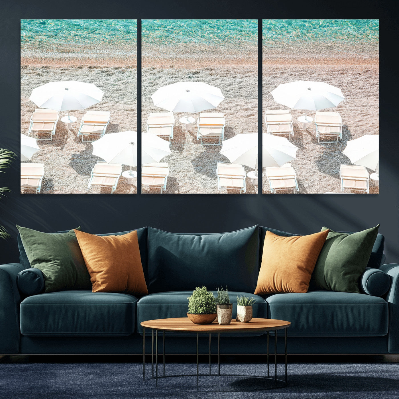 MGV-CV-60X30-3P - Calm Beach Wall Art Canvas Print, Framed Turquoise Water Art Picture Print, Umbrella Shoreline Perfect Coastal Minimalist Decor Artwork