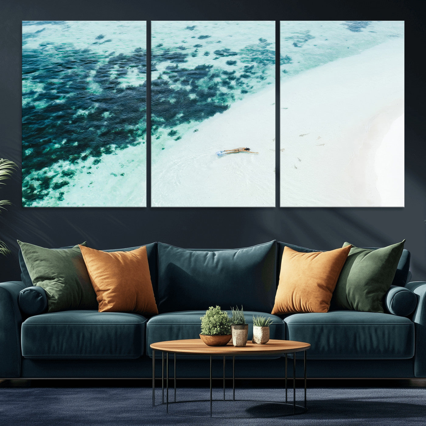 33764764-MGV-CV-36X24-Minimal Beach Wall Art – Framed Ocean Swimming Canvas Artwork, Clear Blue Sea Design, Modern Coastal Decor for Home, Office