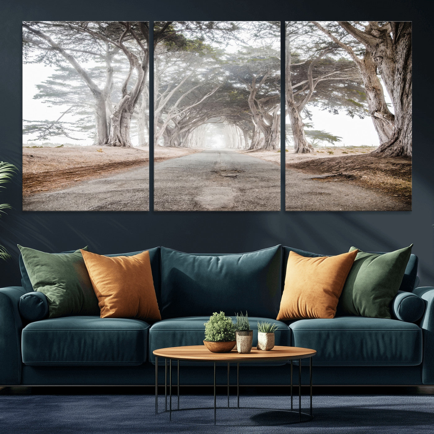 87090469-MGV-CV-36X24-Cypress Tunnel Wall Art – Framed Misty Road Canvas Artwork, Foggy Trees Design, Rustic Woodland Nature Decor for Home, Office