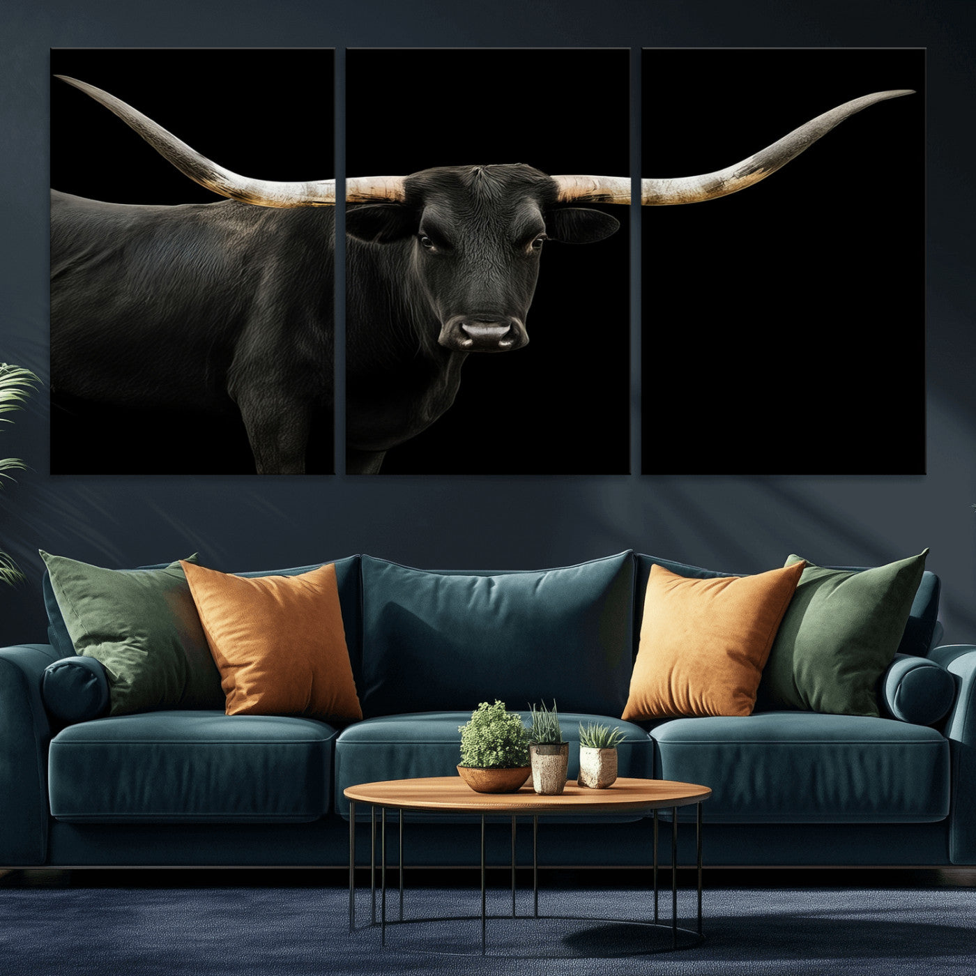 99448328-MGV-CV-36X24-Longhorn Cattle Wall Art Canvas Print – Framed Texas Ranch Scene with Western Cow Artwork for Home, Office, Living Room