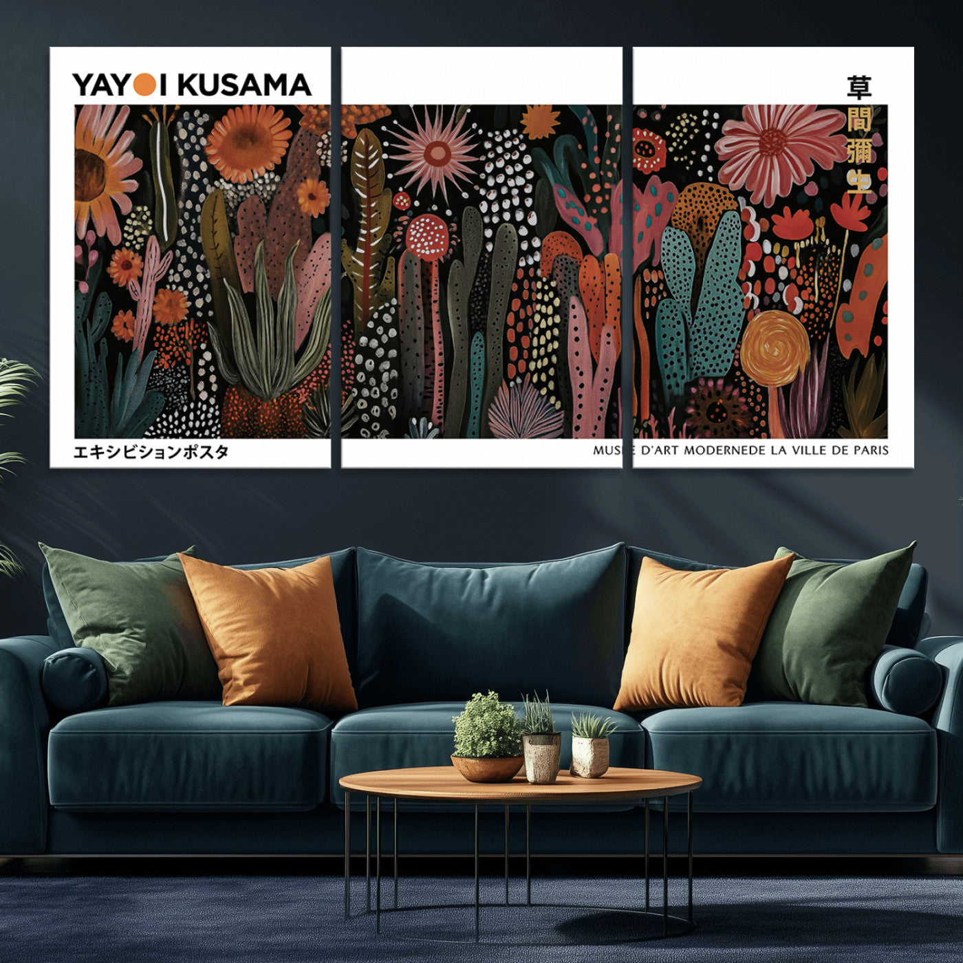 70632622-MGV-CV-36X24-Modern Japanese Wall Art Canvas Print – Framed Abstract Mount Fuji Scene with Yayoi Kusama Artwork for Home, Office