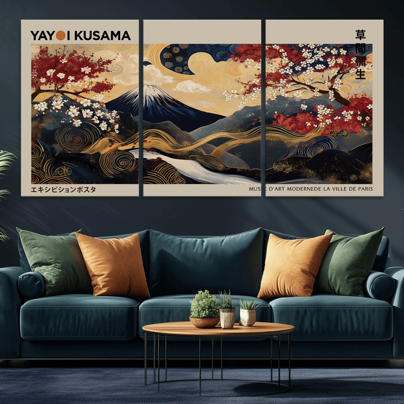 54967195-MGV-CV-36X24-Modern Japanese Wall Art Canvas Print – Framed Abstract Mount Fuji Scene with Yayoi Kusama Japanese Artwork for Home, Office