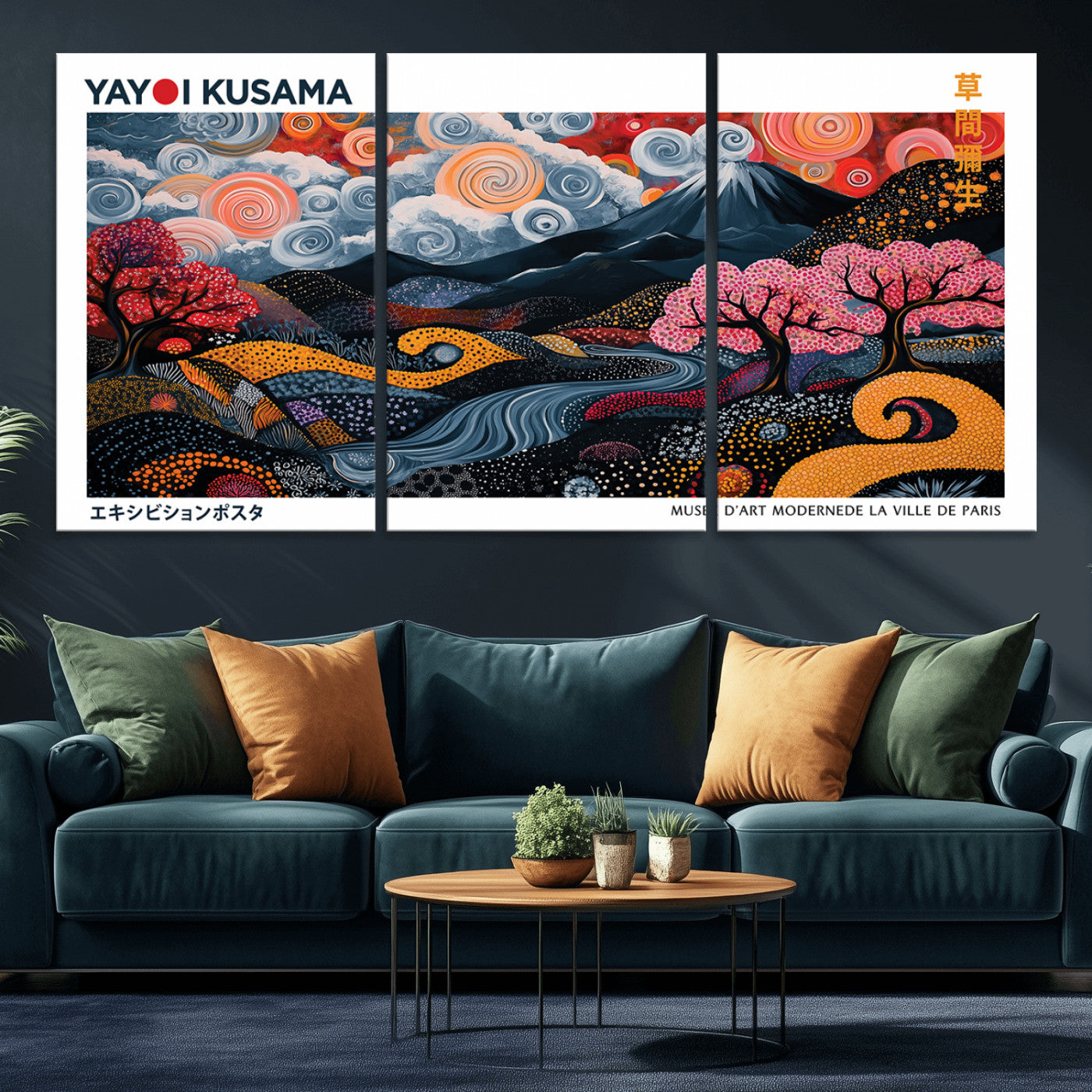 43879290-MGV-CV-36X24-Modern Japanese Wall Art Canvas Print – Framed Abstract Mount Fuji Scene with Yayoi Kusama Artwork for Home, Office