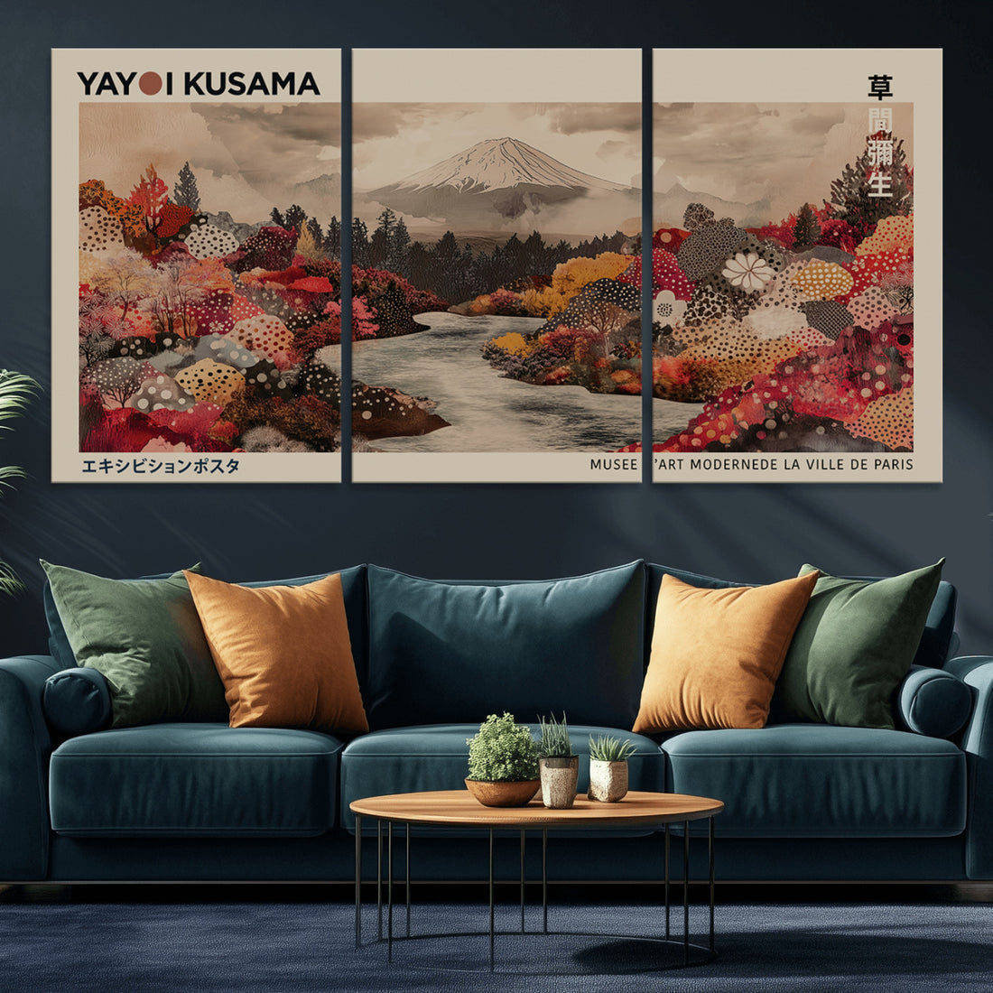 Modern Japanese Wall Art Canvas Print, Framed Abstract Mount Fuji, Yayoi Kusama Polka Dot Landscape Art
