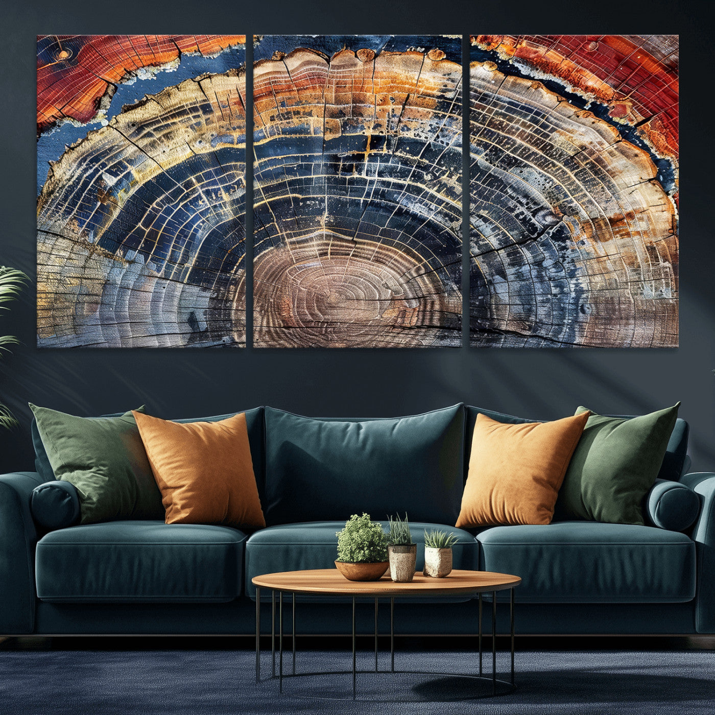 -Tree Rings Wall Art Canvas Print – Framed Petrified Wood Modern Rustic Nature Scene Artwork for Home Office