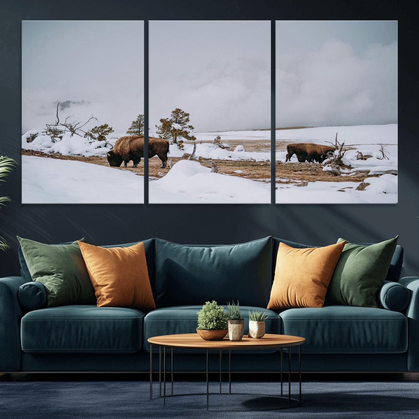 -Bison Wildlife Wall Art Canvas Print – Framed Snowy Prairie Western Rustic Nature Scene Artwork for Home Office